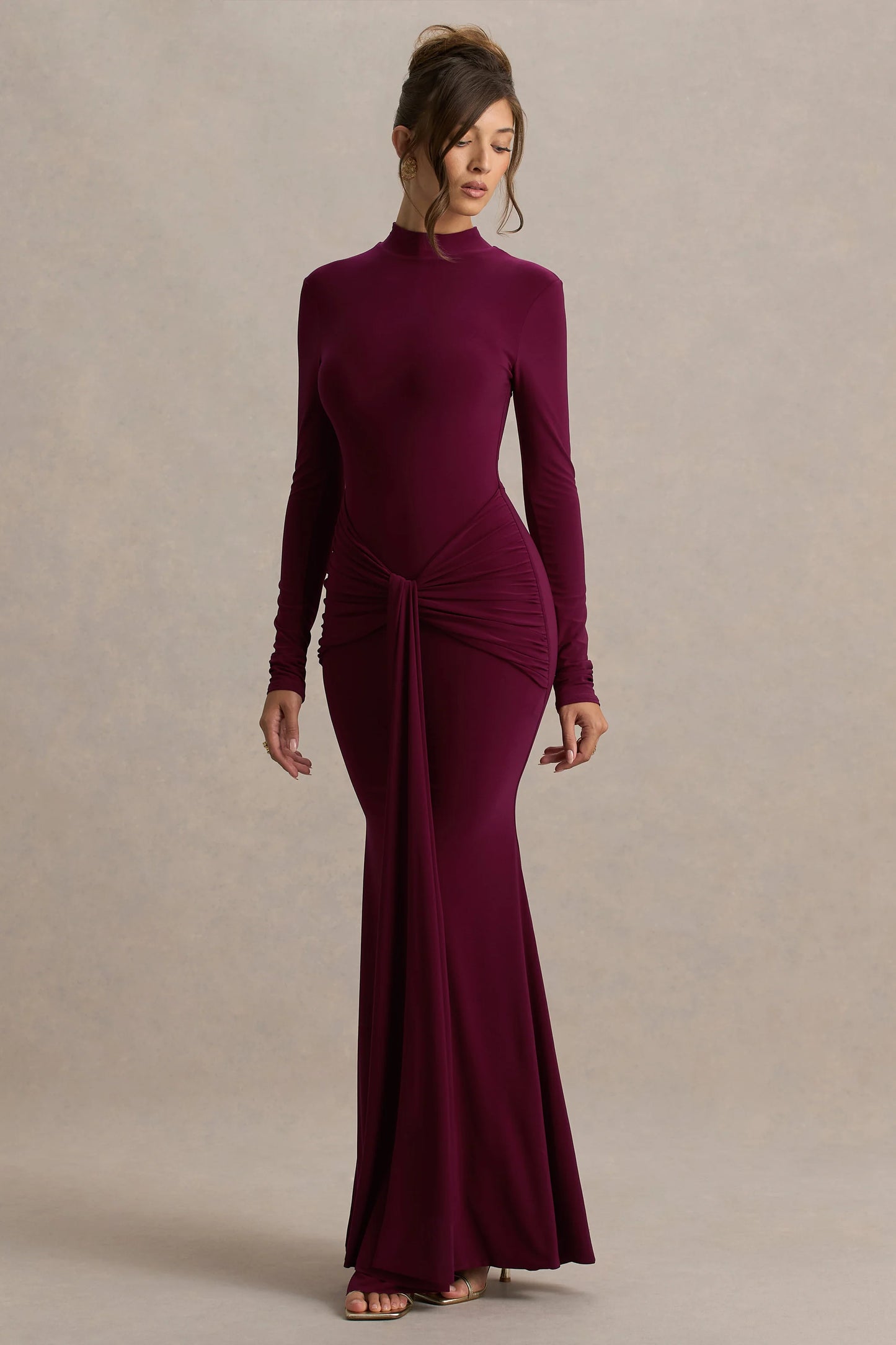 Pietra Berry High-Neck Long Sleeve Knot Maxi Dress