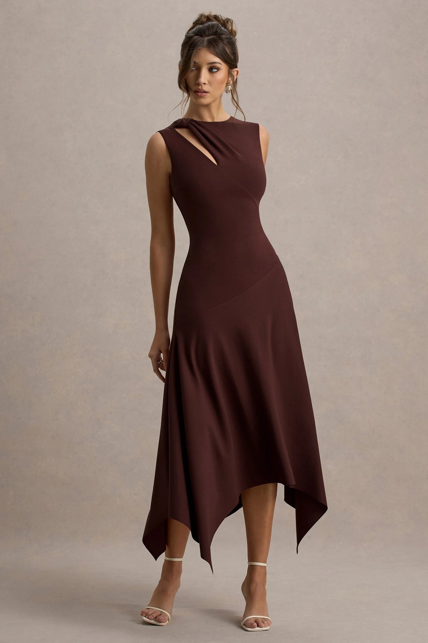 Francesca Brown Knotted Midi Dress With Handkerchief Hem