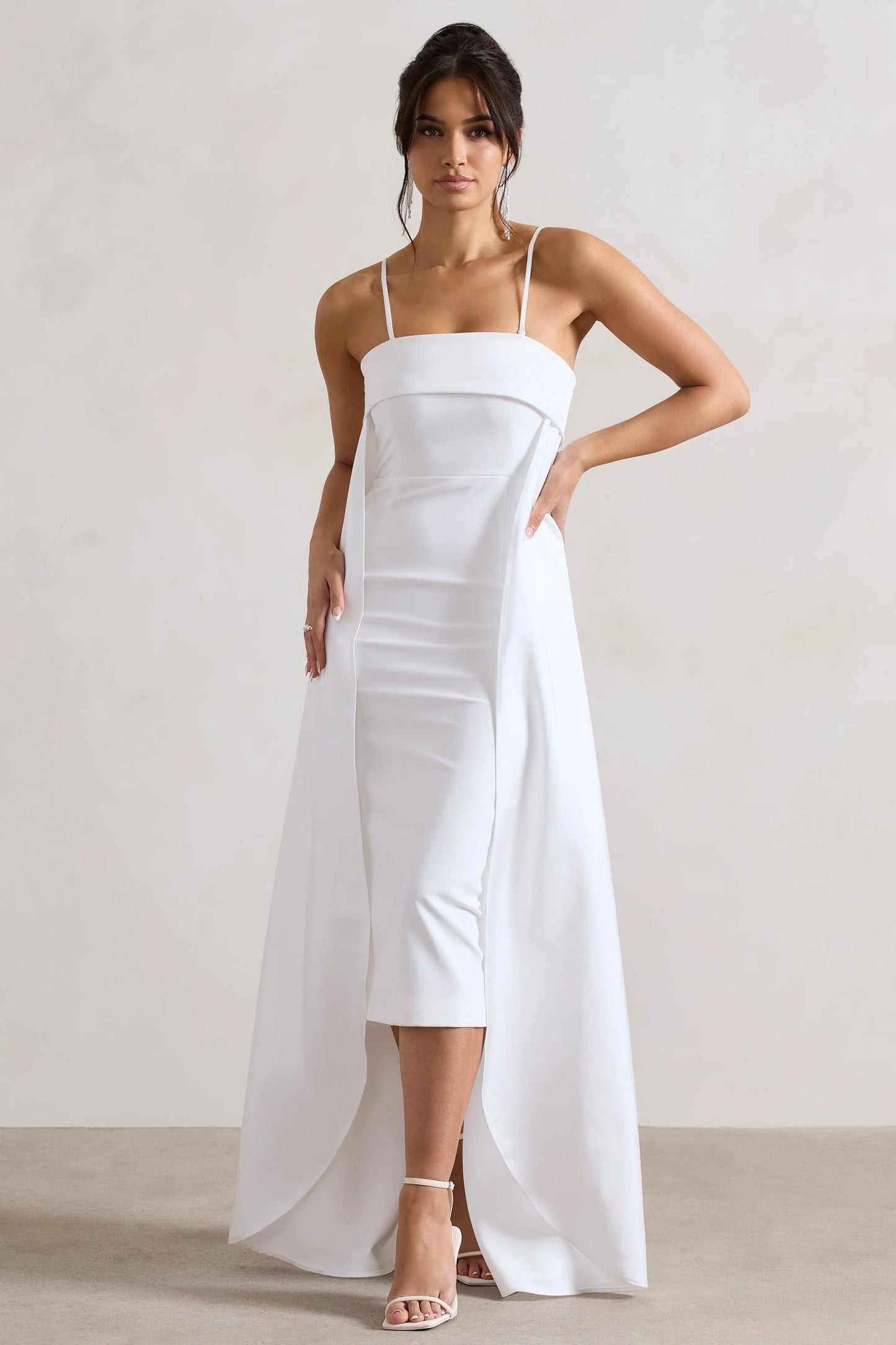 Save The Date Cream Bandeau Midi Dress With Train