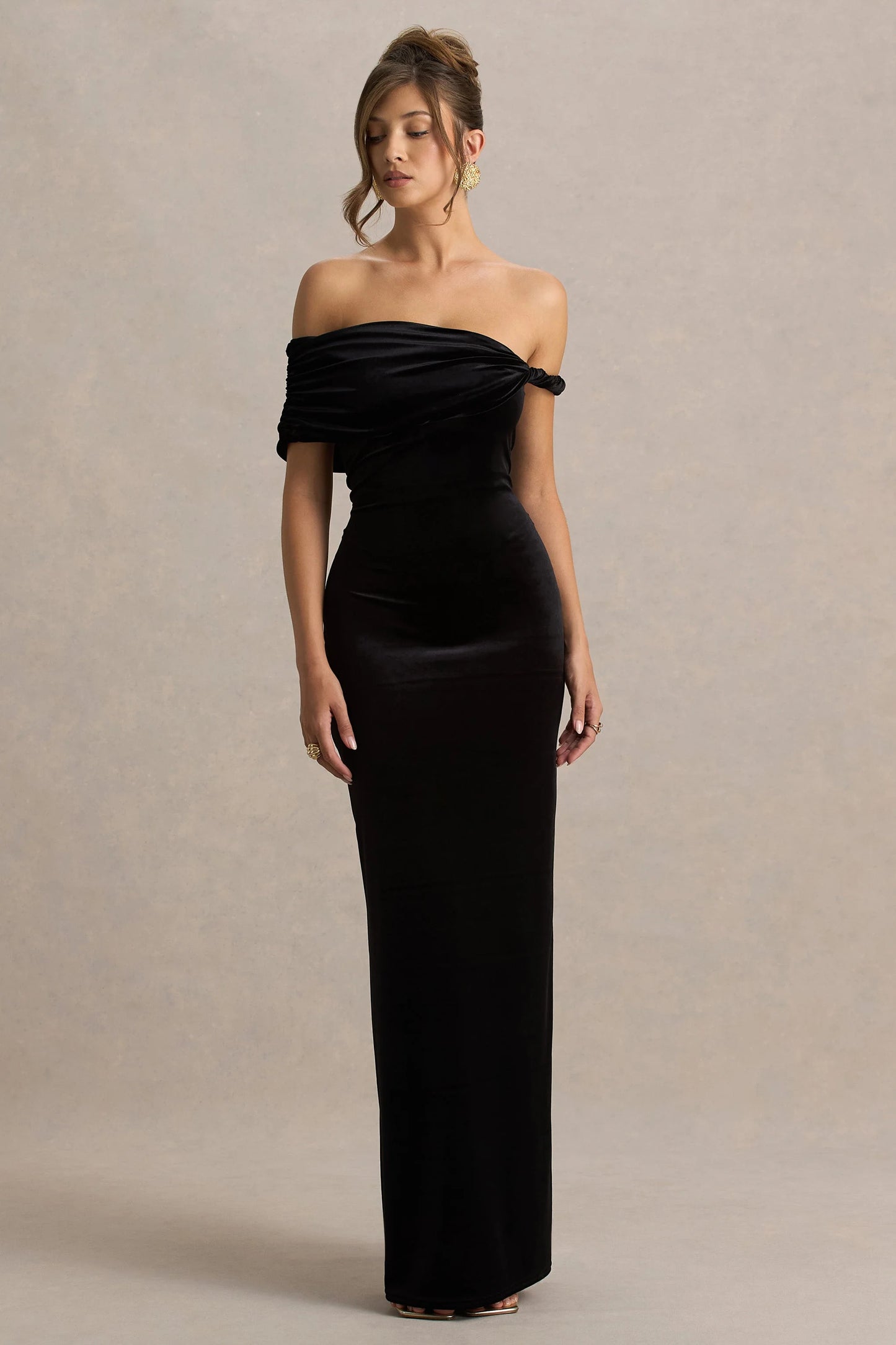 Poised Black Velvet Bardot-Neck Maxi Dress With Twist-Sleeve