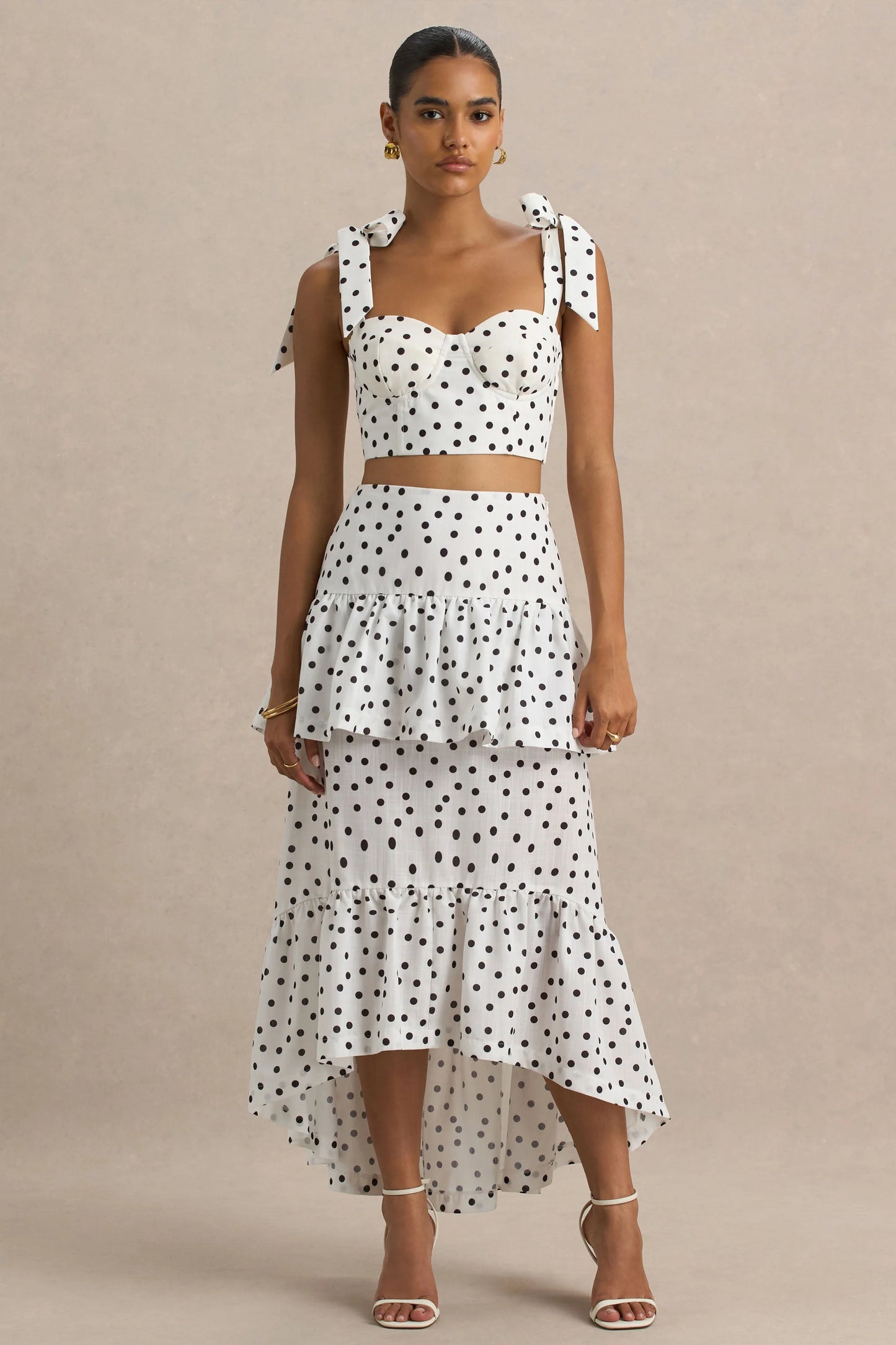 Emry White Polka Dot High-Waist Maxi Skirt With Ruffle Detail