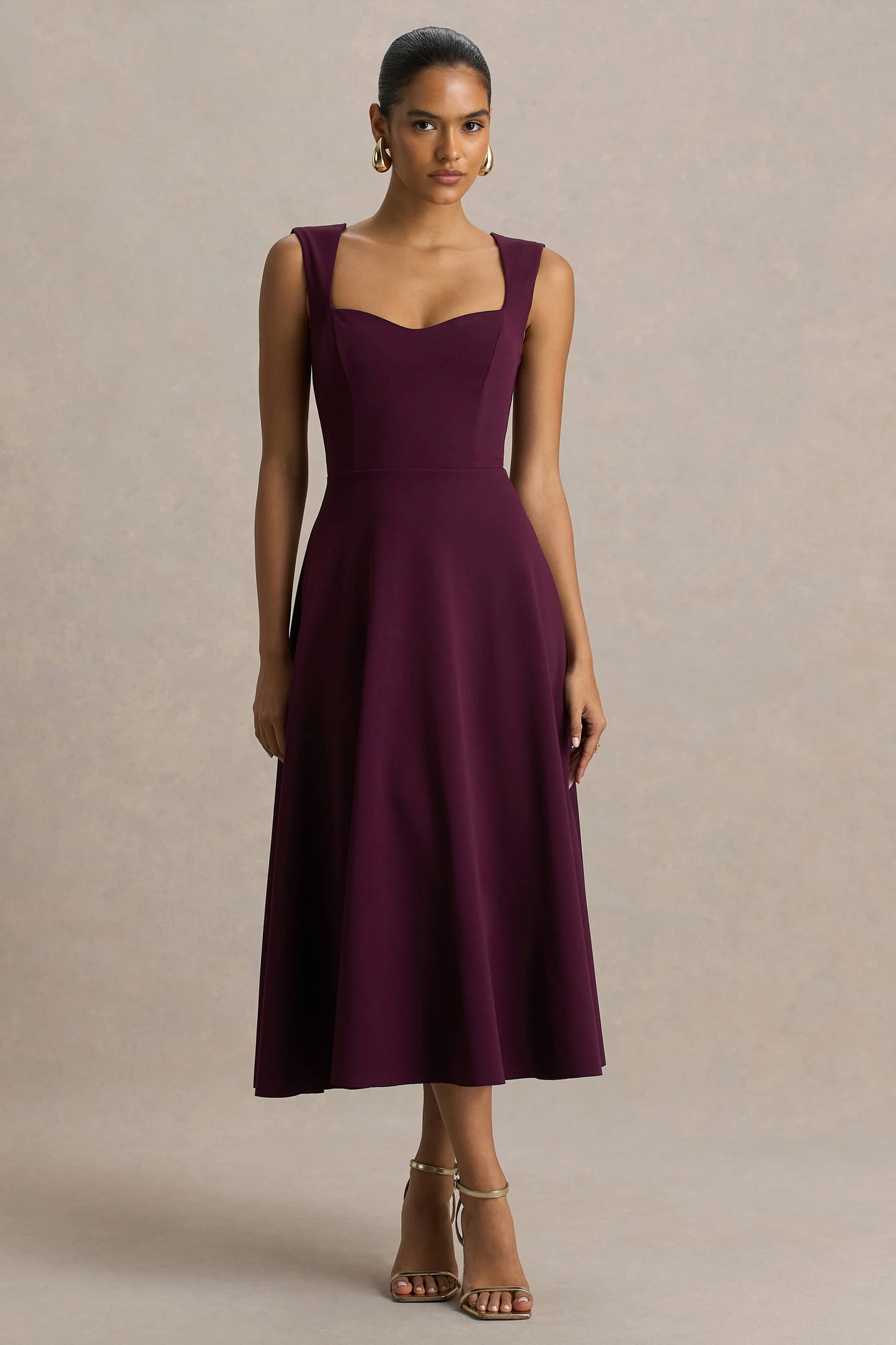 Andromeda Burgundy Sweetheart-Neck Midi Dress