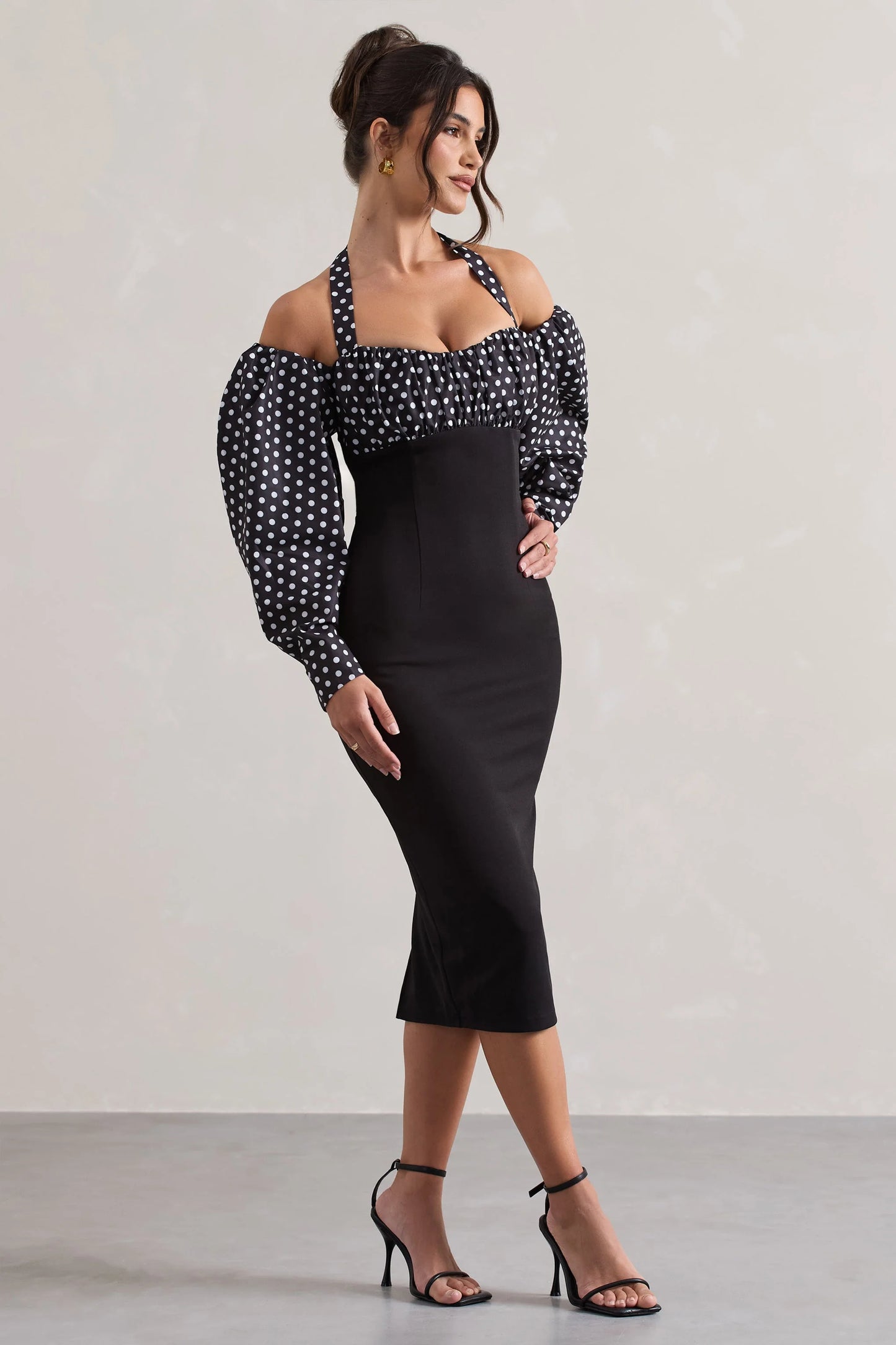 Couture Client Black & White Polka Dot Halter-Neck Puff Sleeve Midi Dress