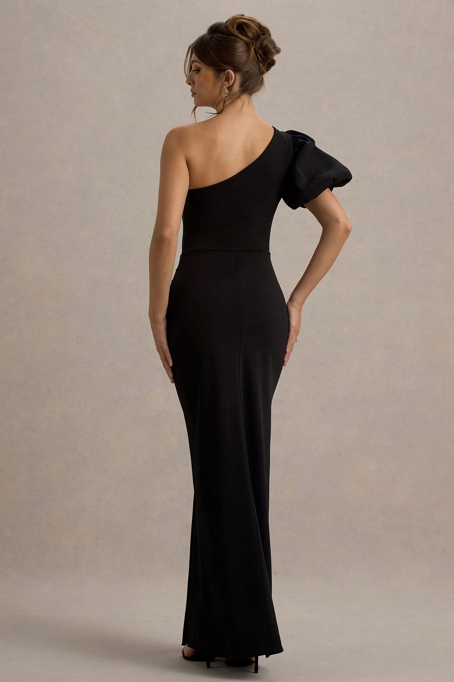 Vittoria Black Asymmetric Puff-Sleeve Split Maxi Dress