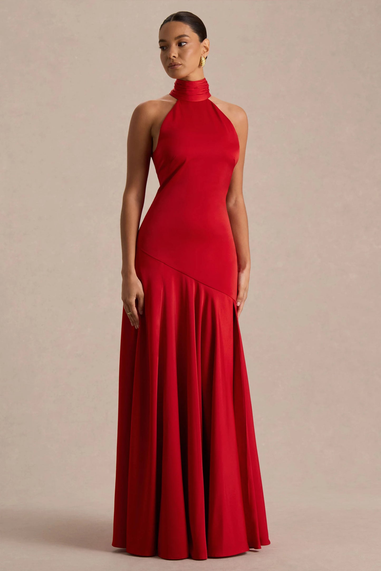 Luscious Red High-Neck Maxi Dress With Drop-Waist And Bow Detail