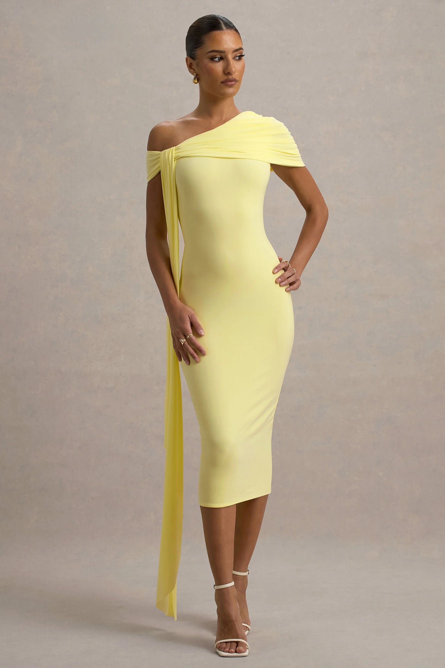 Vallea Lemon One-Shoulder Draped Midi Dress