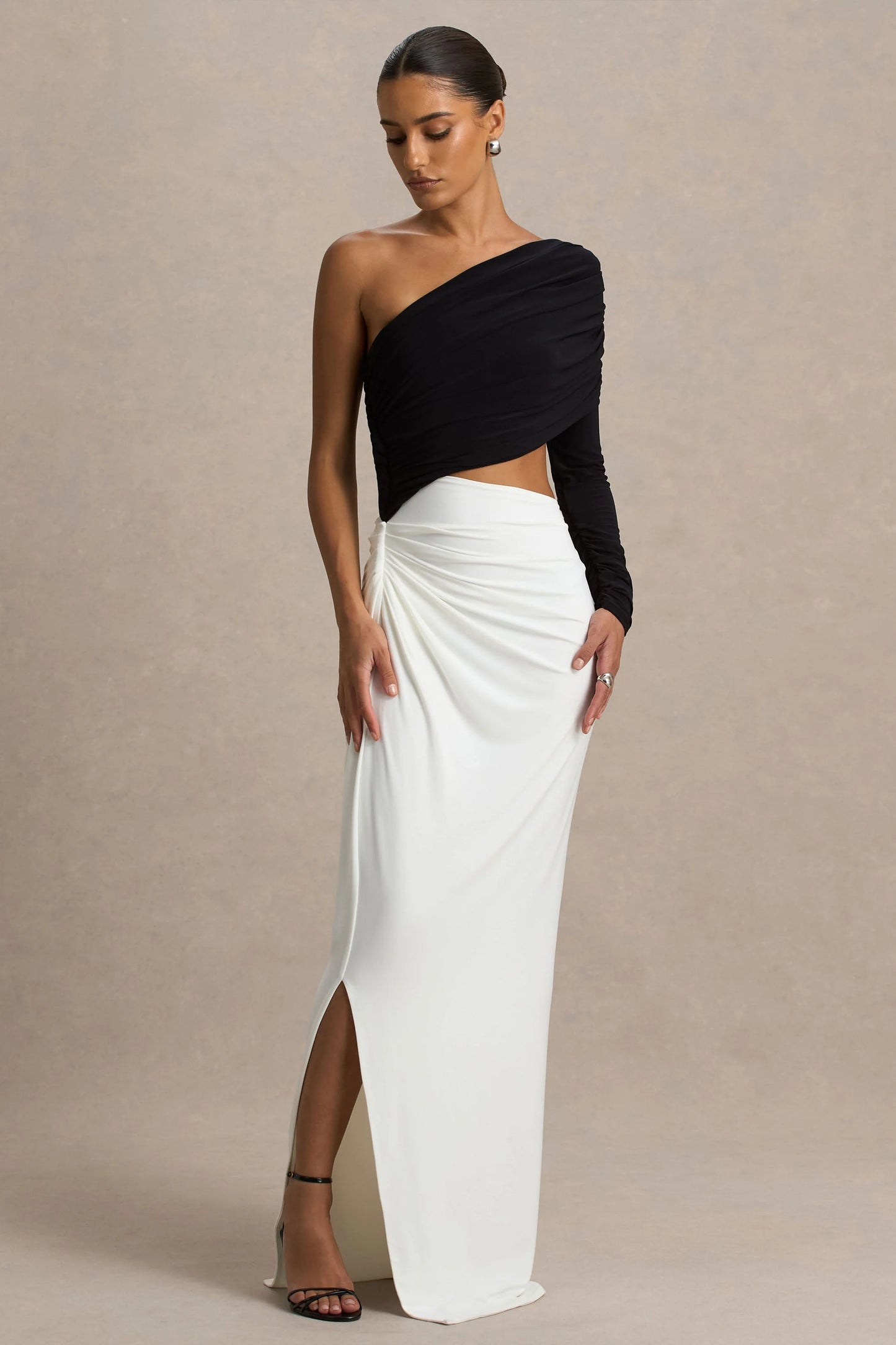 Malika Black And White Asymmetric-Neck Maxi Dress With Body-Cut Out And Gathered Detailing