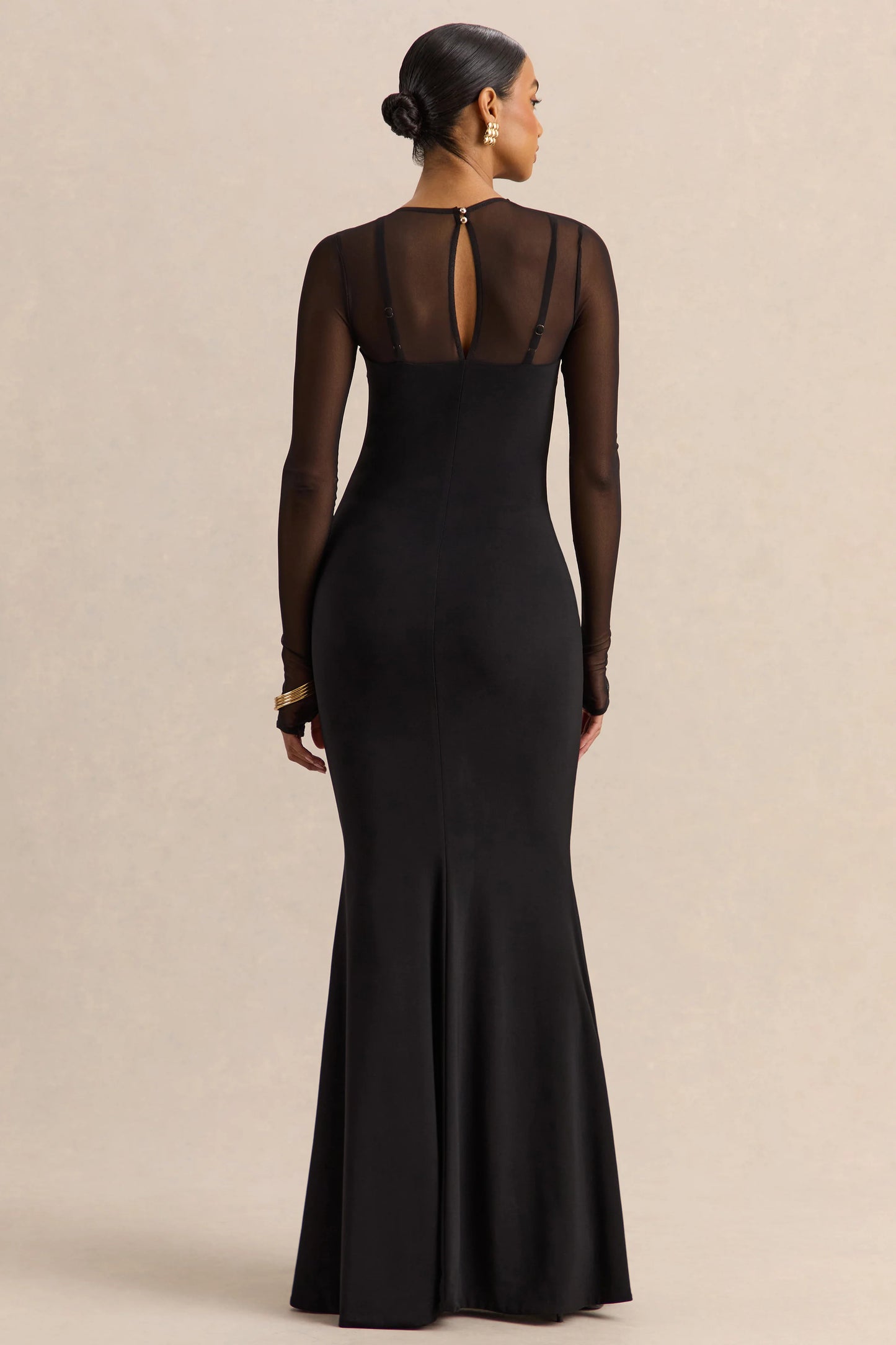 Coralia Black Asymmetric-Neck Maxi Dress With Mesh Long-Sleeves