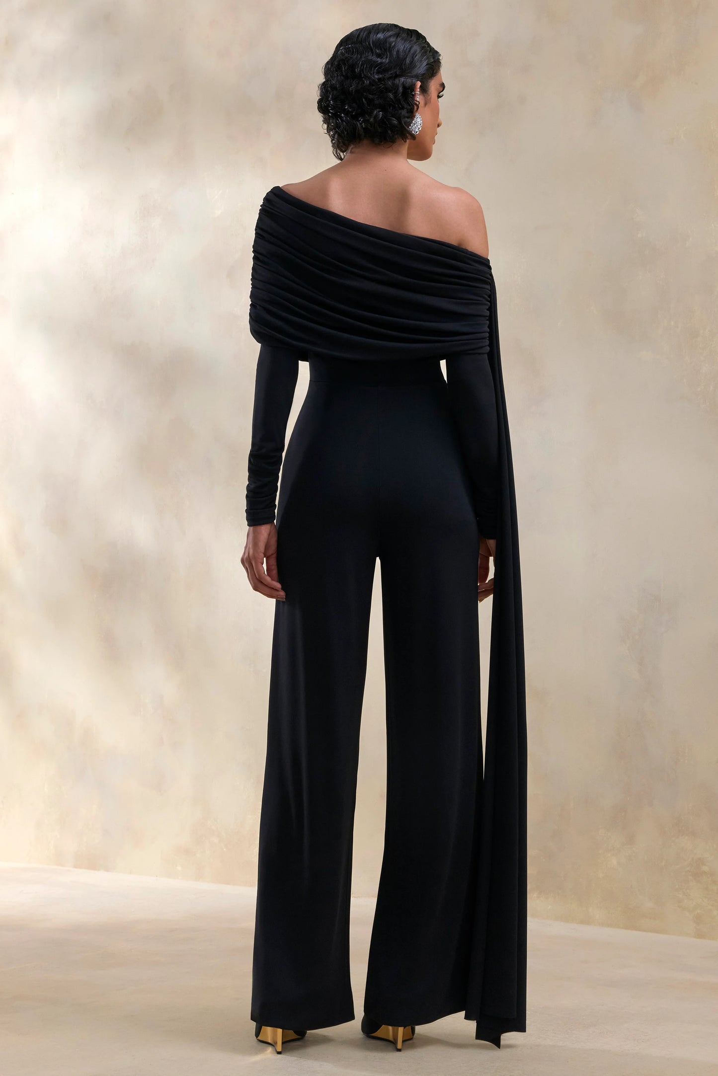 Elova Black Bardot-Neck Jumpsuit With Sash