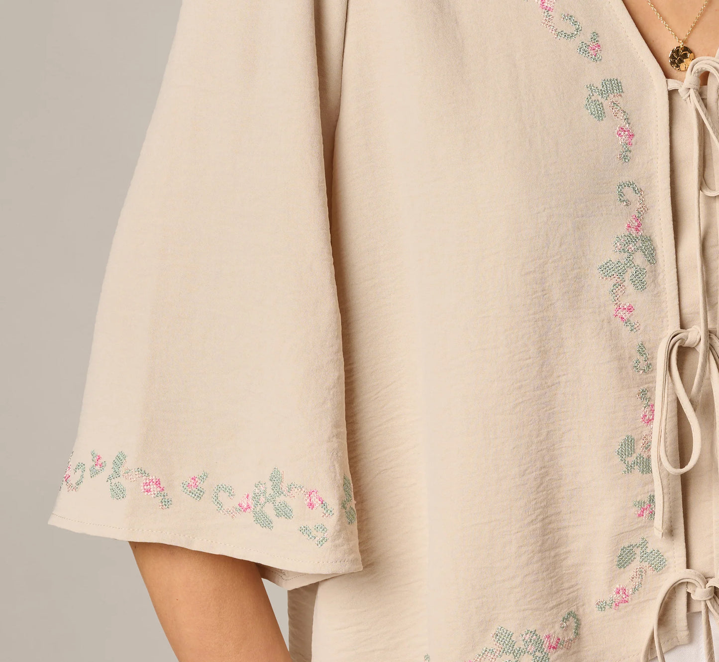 Bell Sleeve Floral Embroidered Tie Front Top In Pebble