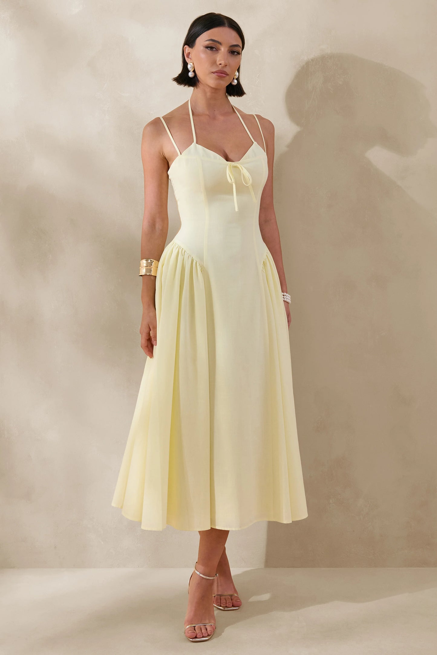 Audrey Lemon Sweetheart-Neck Midi Dress With Ruching Detail