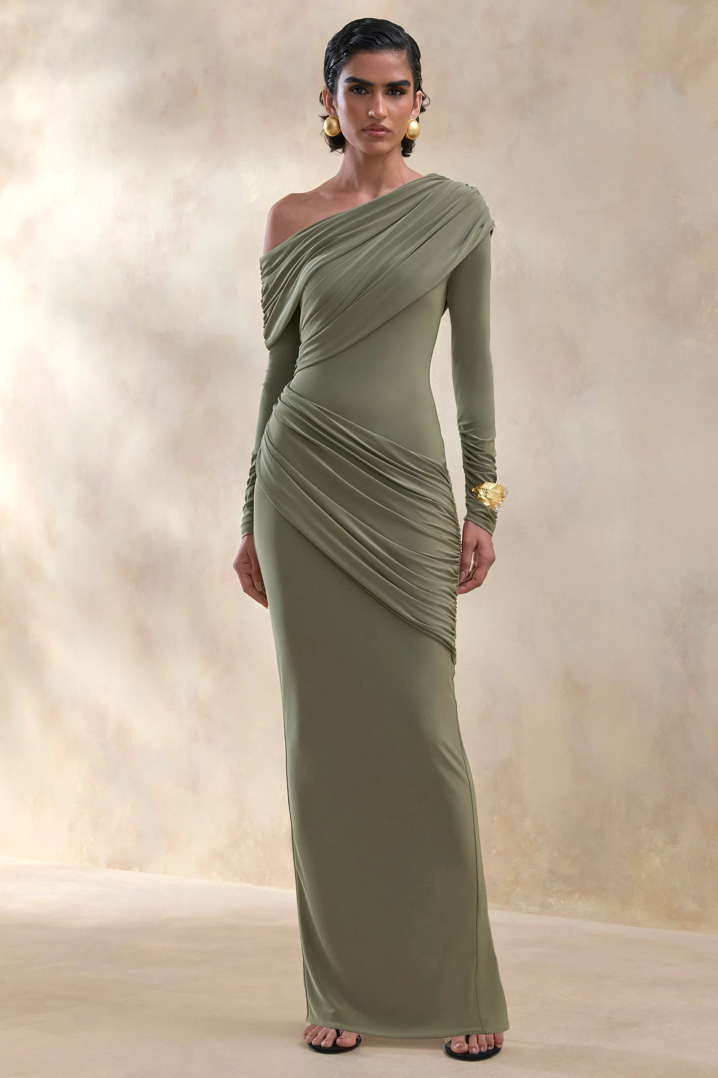 Rosirene Olive Asymmetric-Neck Maxi Dress With Draped-Detailing