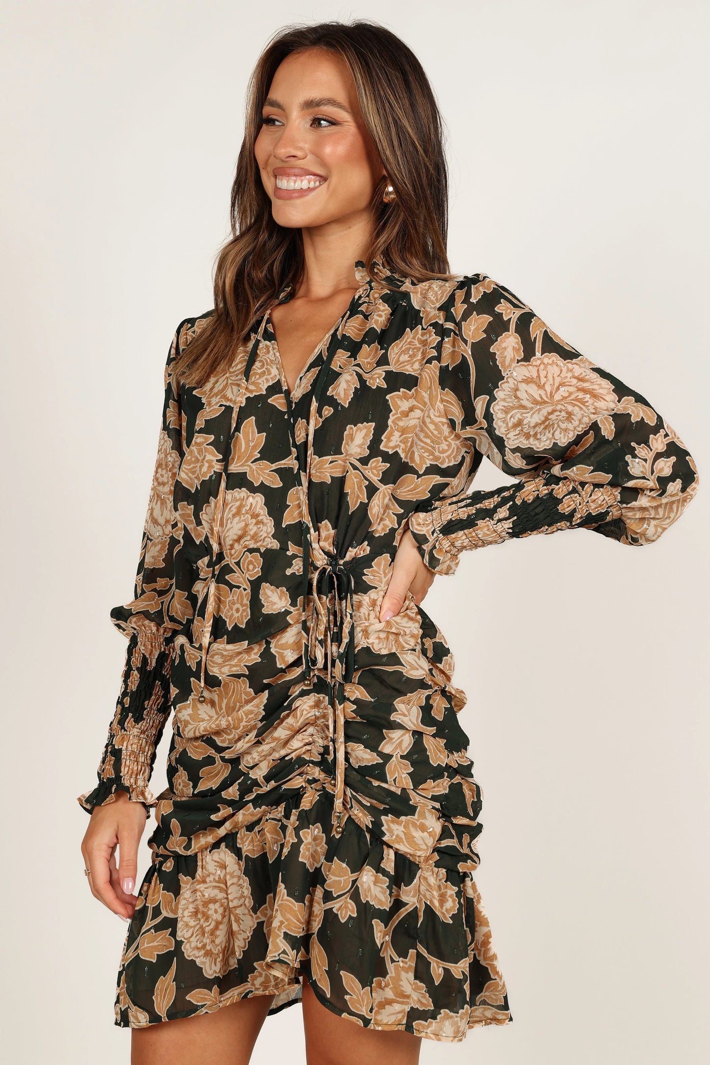 Micha Ruched High Neck Mini Dress - Pine/Gold