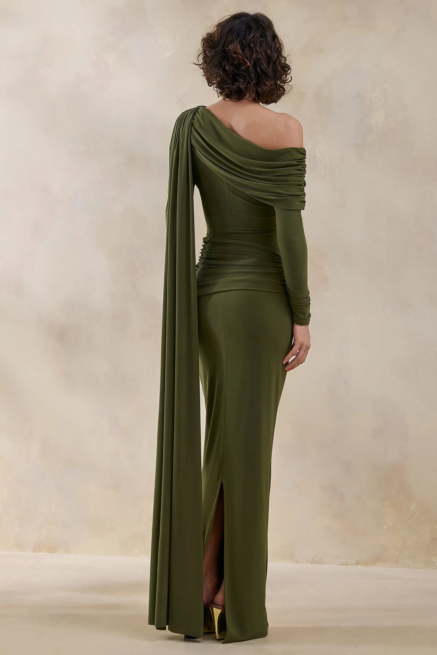 Bessy Green Asymmetric-Neck Maxi Dress With Gathered-Detailing And Sash