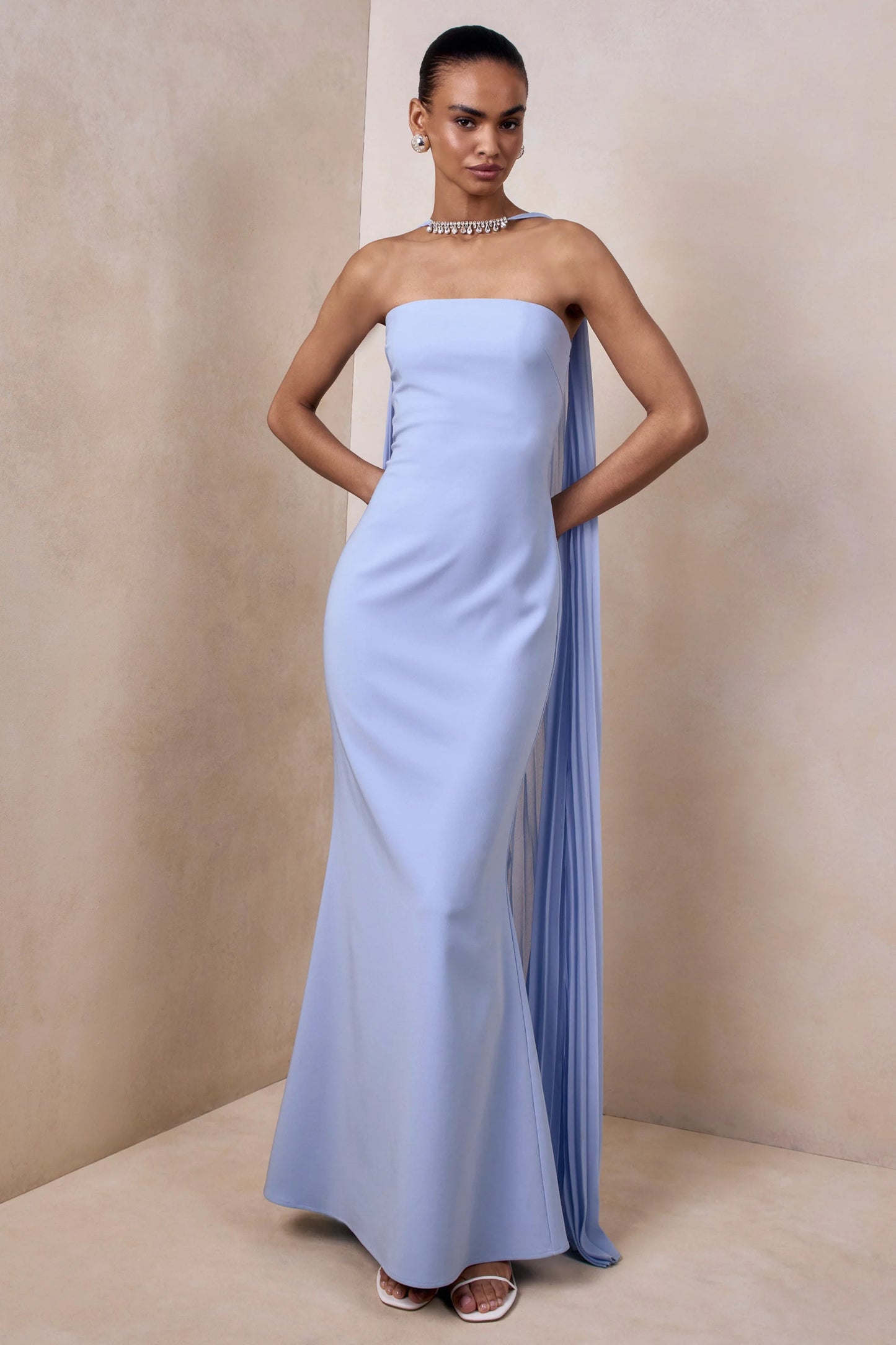 Avery Powder Blue Bandeau Maxi Dress With Embellished Scarf