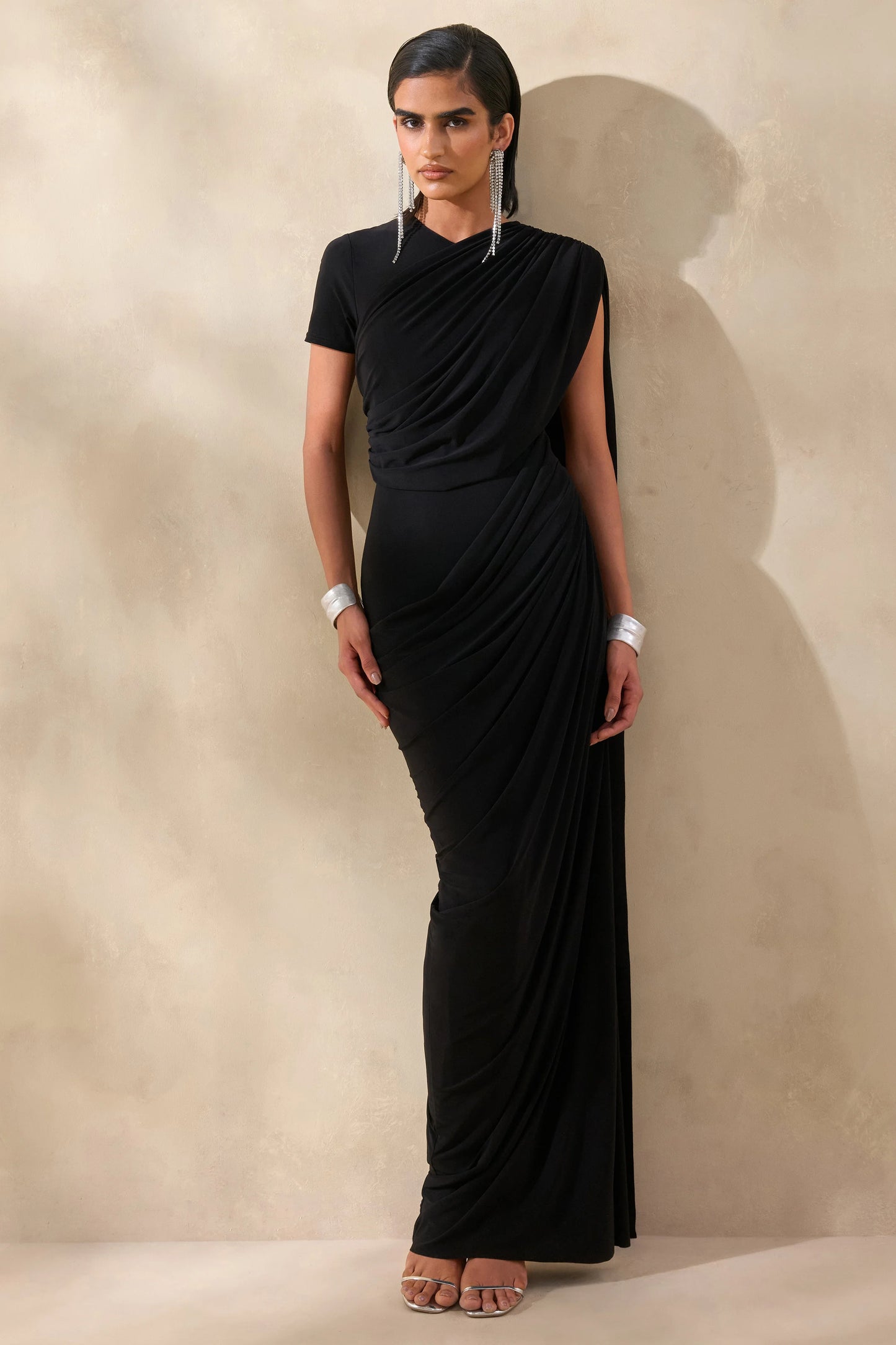 Gisara Black High-Neck Maxi Dress With Sash And Draped-Detailing