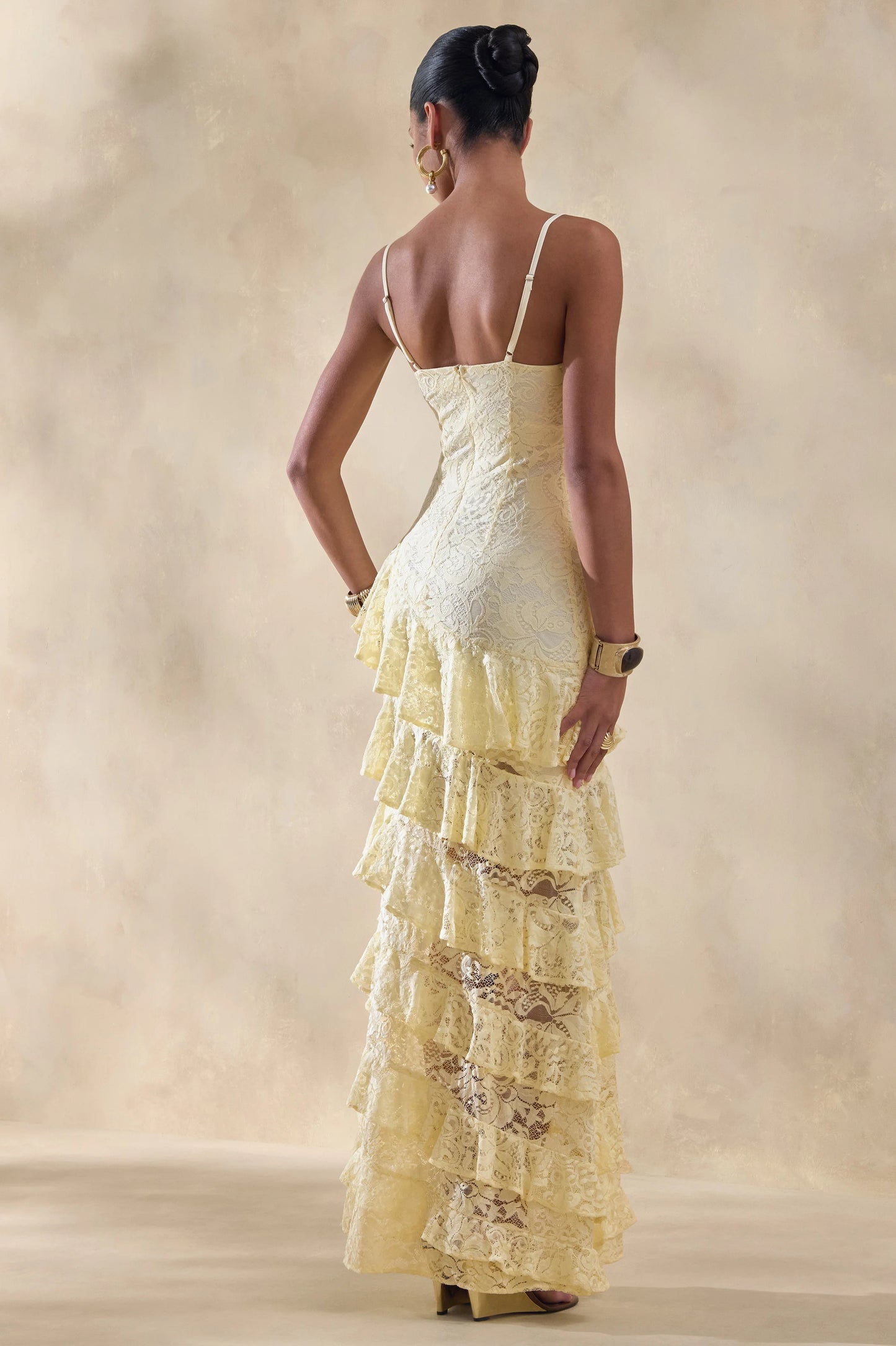 Avelisse Lemon Lace Plunge-Neck Maxi Dress With Ruffled Detailing