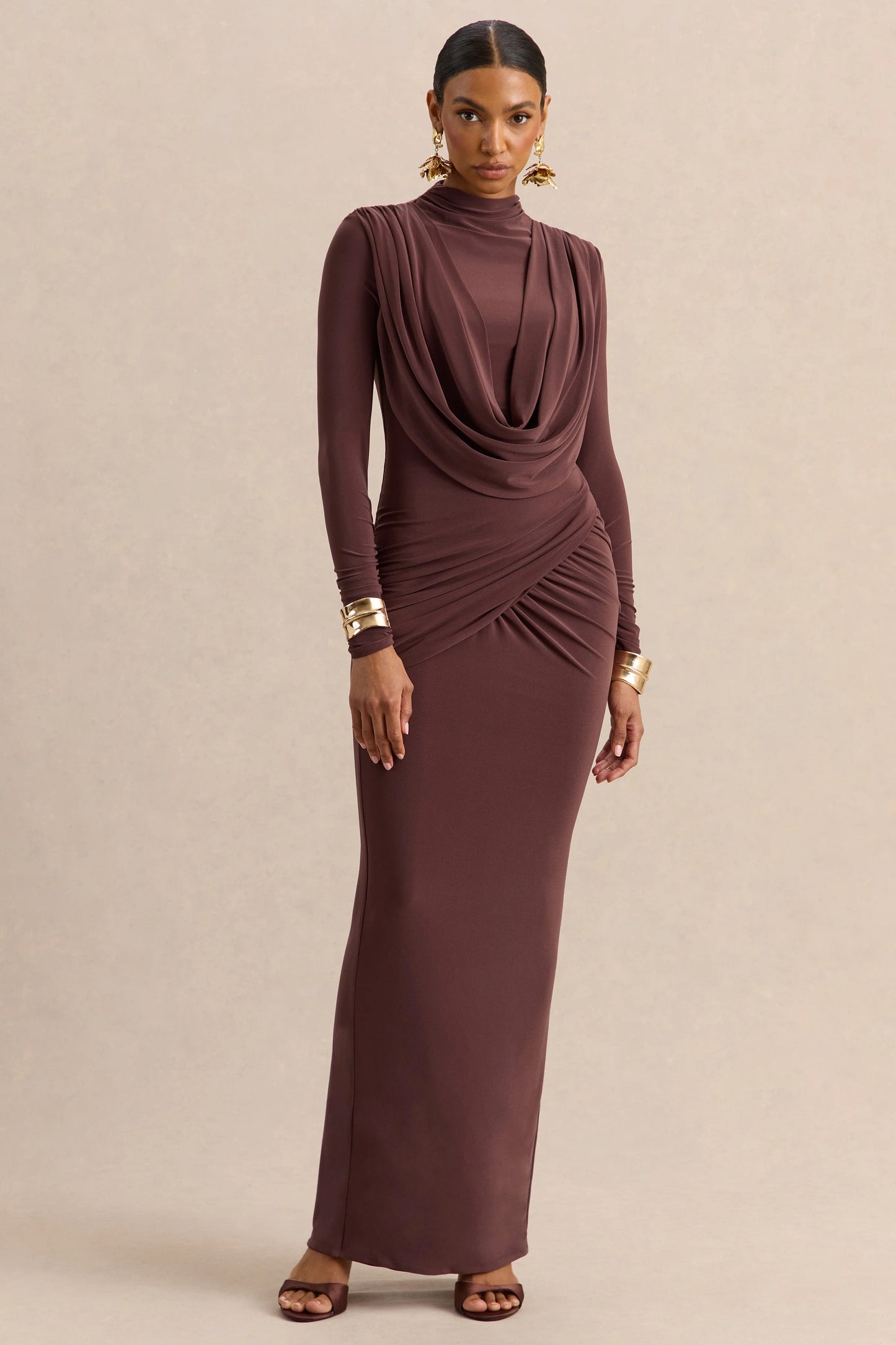Karinthia Brown High-Neck Maxi Dress With Draped-Detailing