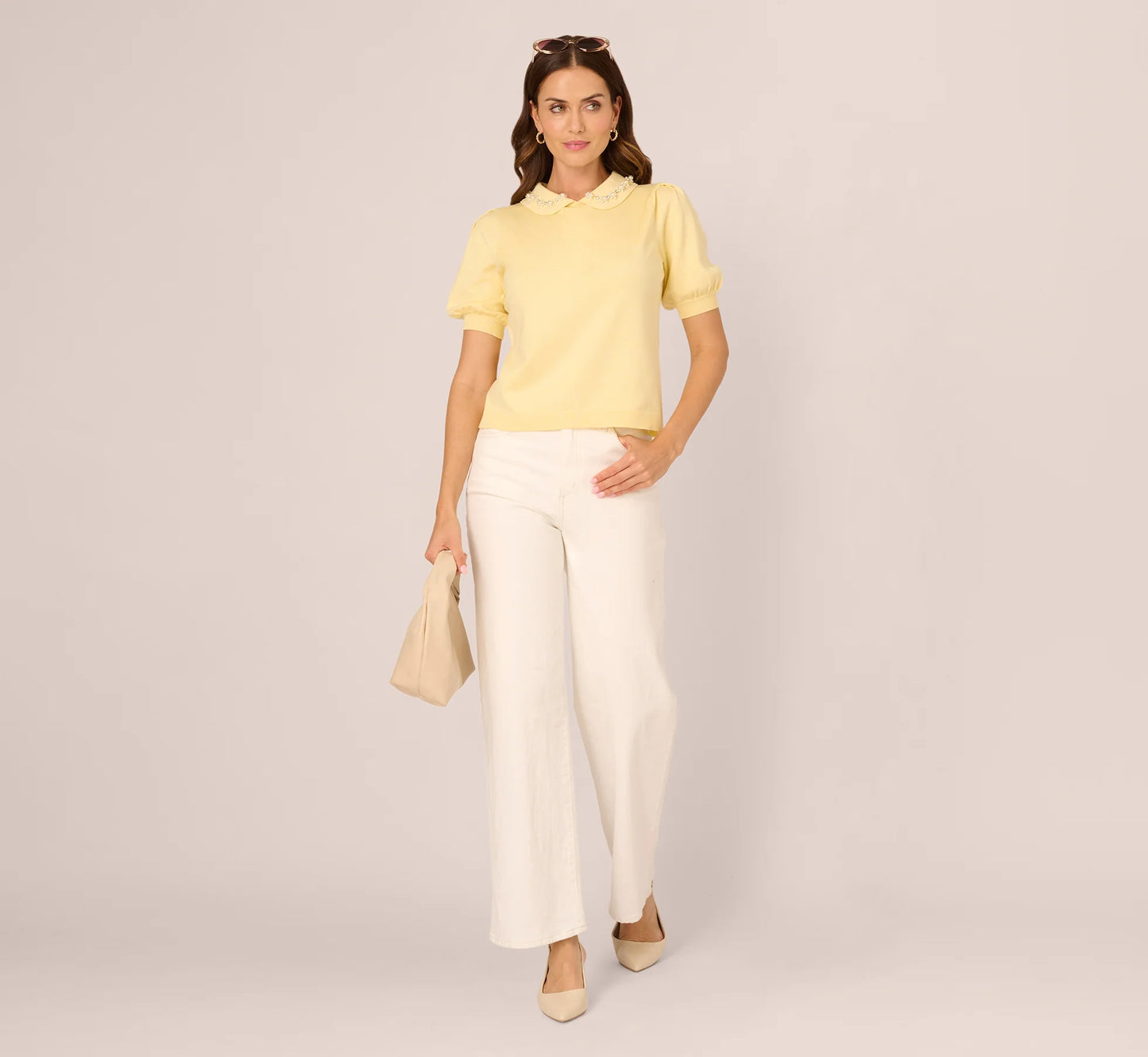 Puff Sleeve Beaded Peter Pan Collar Top In Pastel Yellow