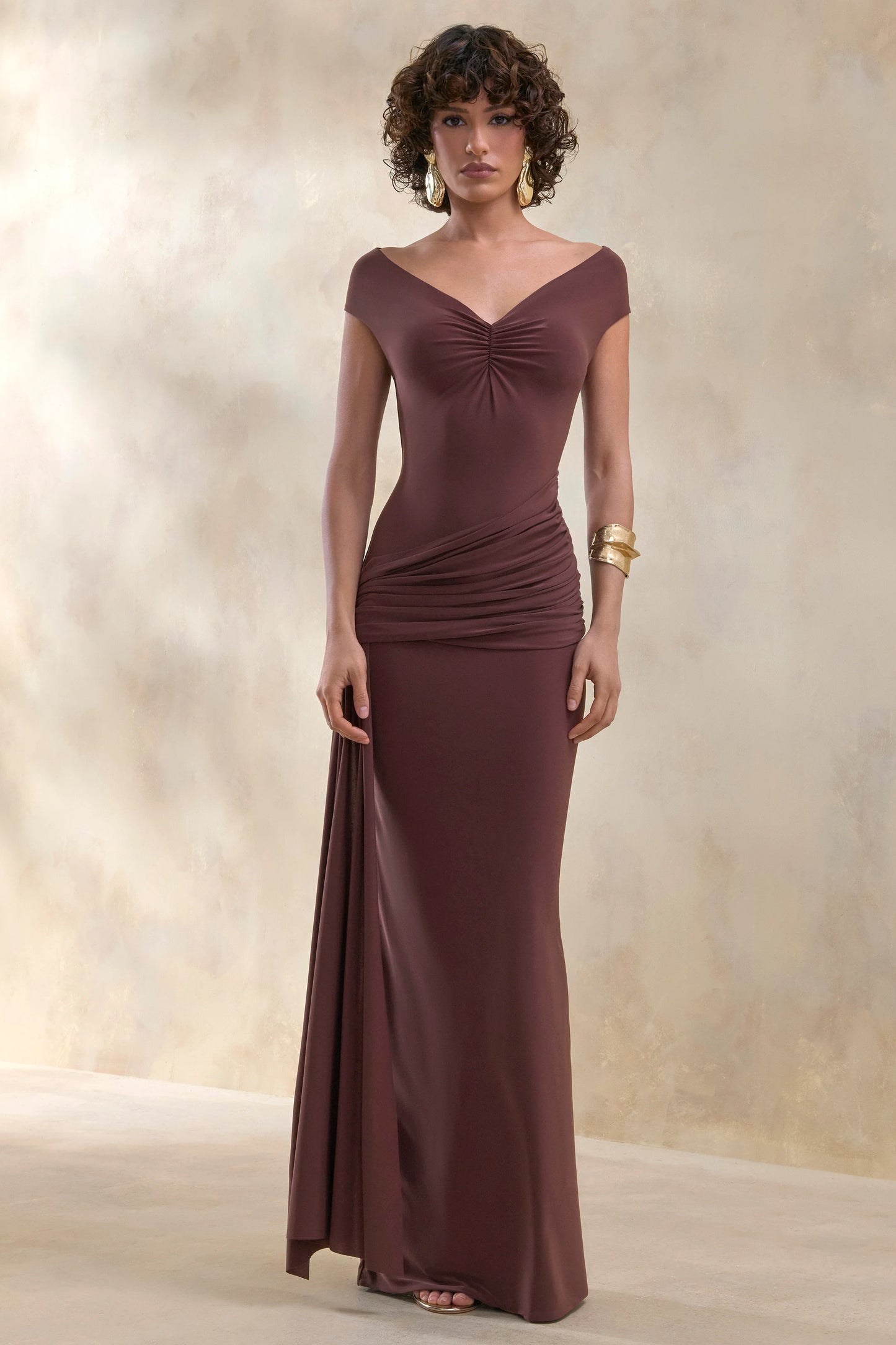 Petronia Brown V-Neck Maxi Dress With Wrap-Detail