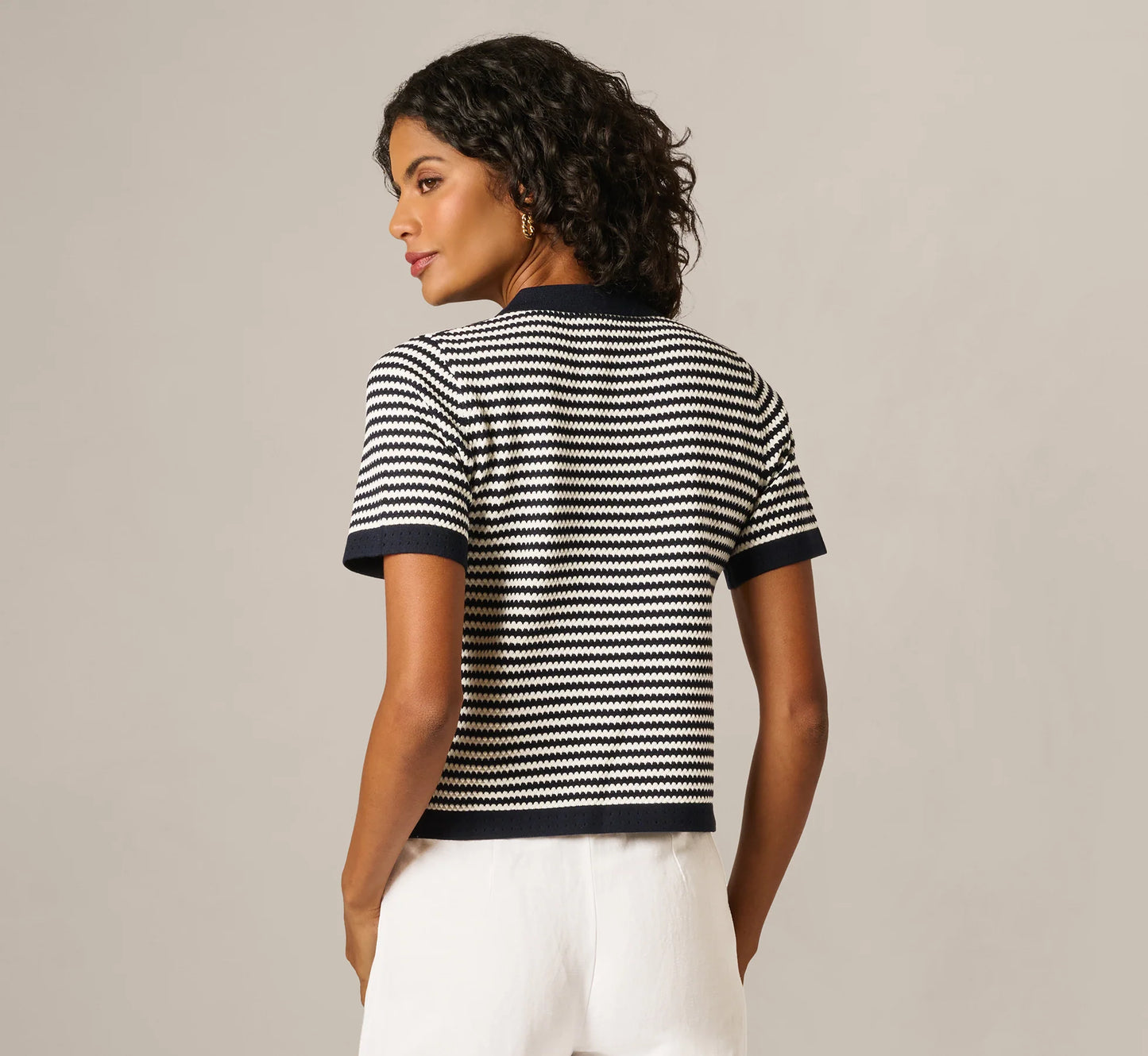 Short Sleeve Polo Collar Sweater In Blue Moon Ivory