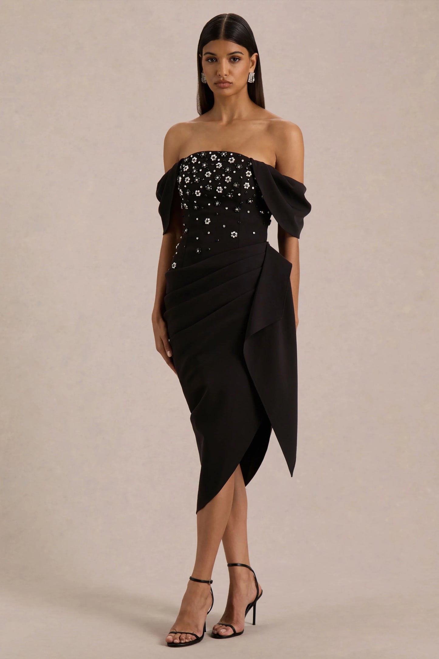 Sylvia Black Hand-Embellished Bardot-Neck Midi Dress With Draped Satin-Wrap Skirt