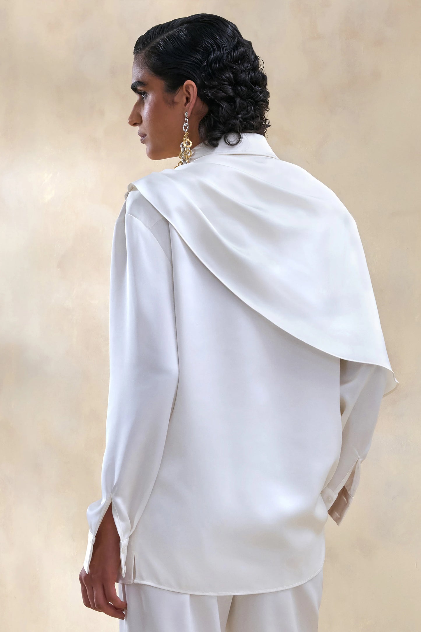 Serenza Cream Satin Collared-Shirt With Cape-Detail