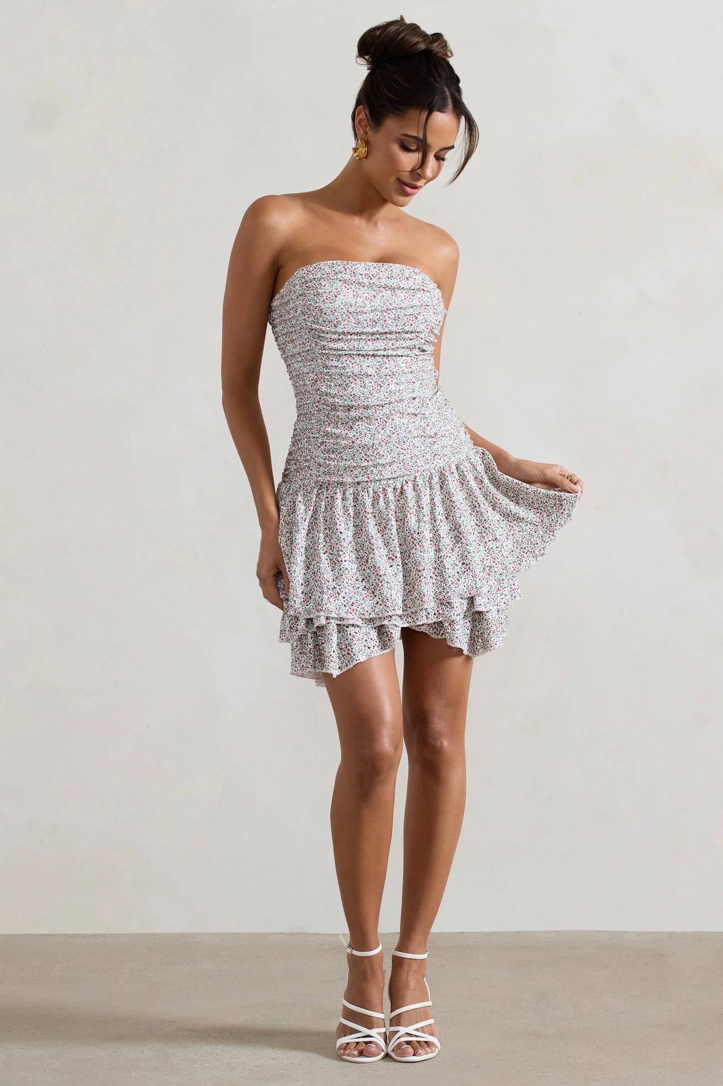 Casena Red & White Floral Print Strapless Ruffle Hem Mini Dress