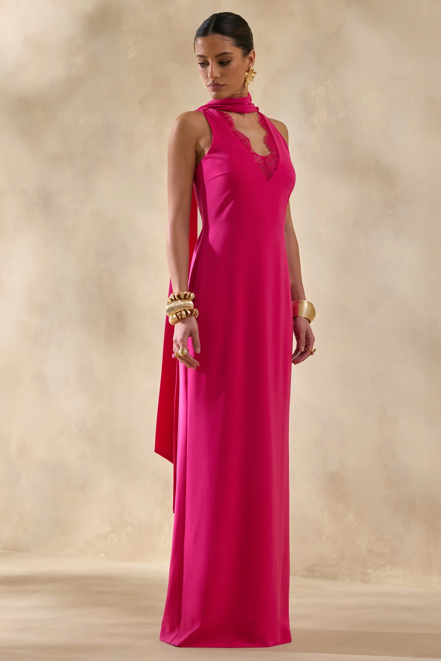 True Icon Hot Pink Satin High-Neck Maxi Slip Dress With Sash