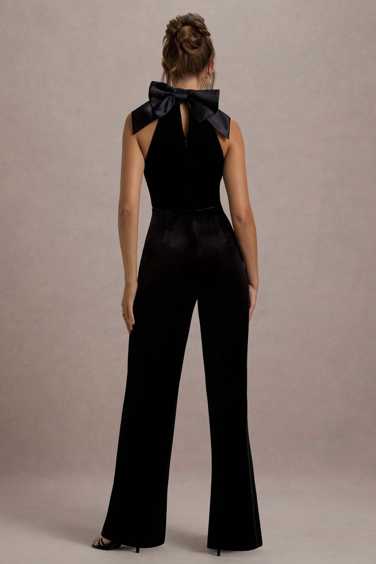 Alondra Black Velvet High-Neck Straight-Leg Jumpsuit