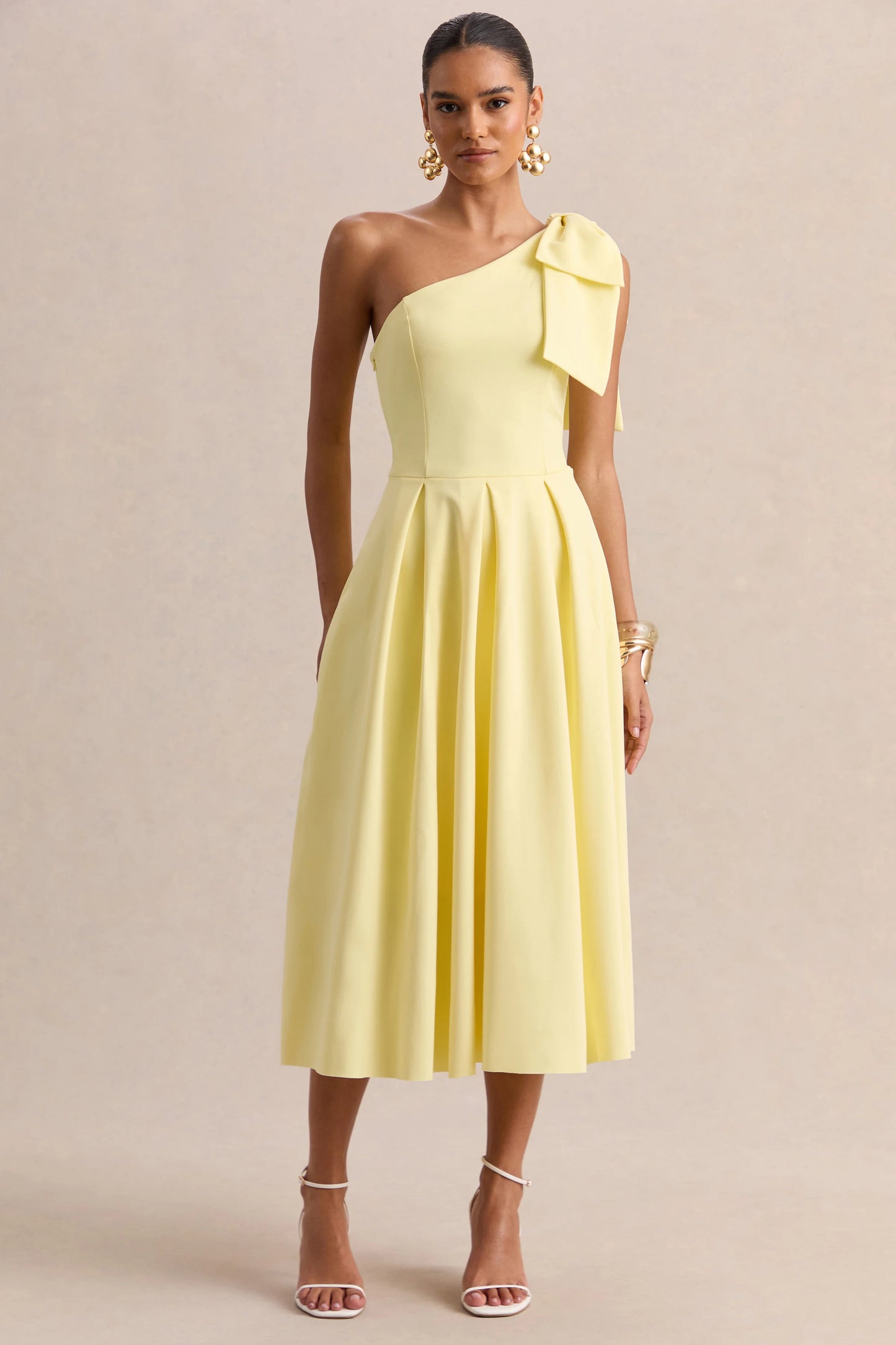 Meria Lemon Asymmetric-Neck Midi Dress With Bow-Sleeve