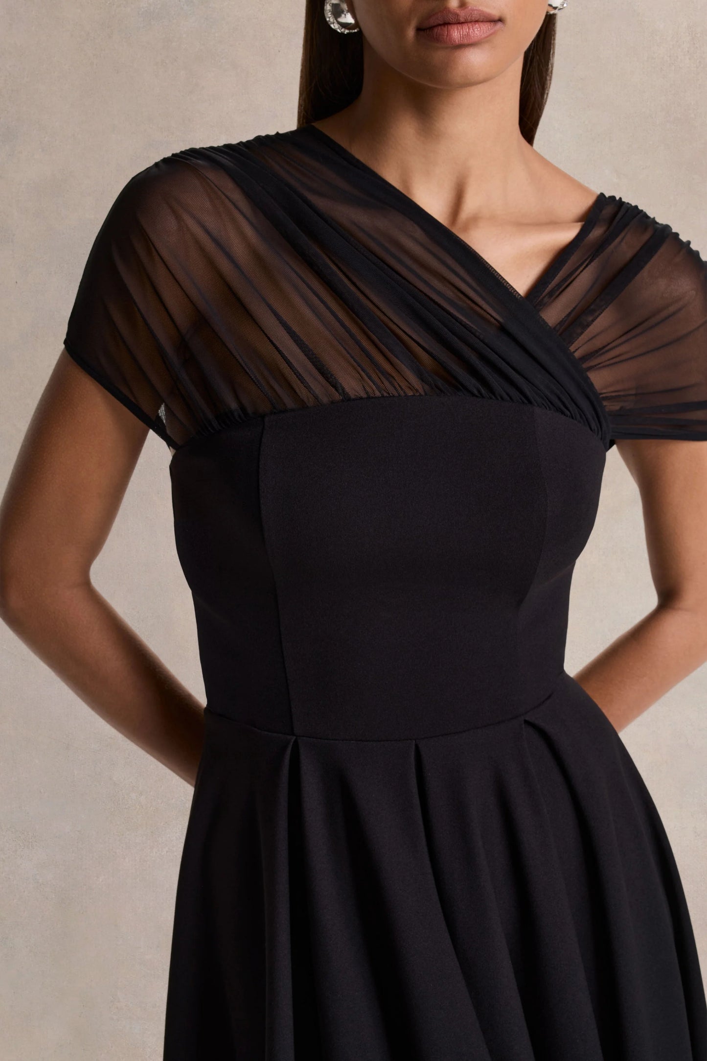 Rosette Black Asymmetric-Neck Midi Dress