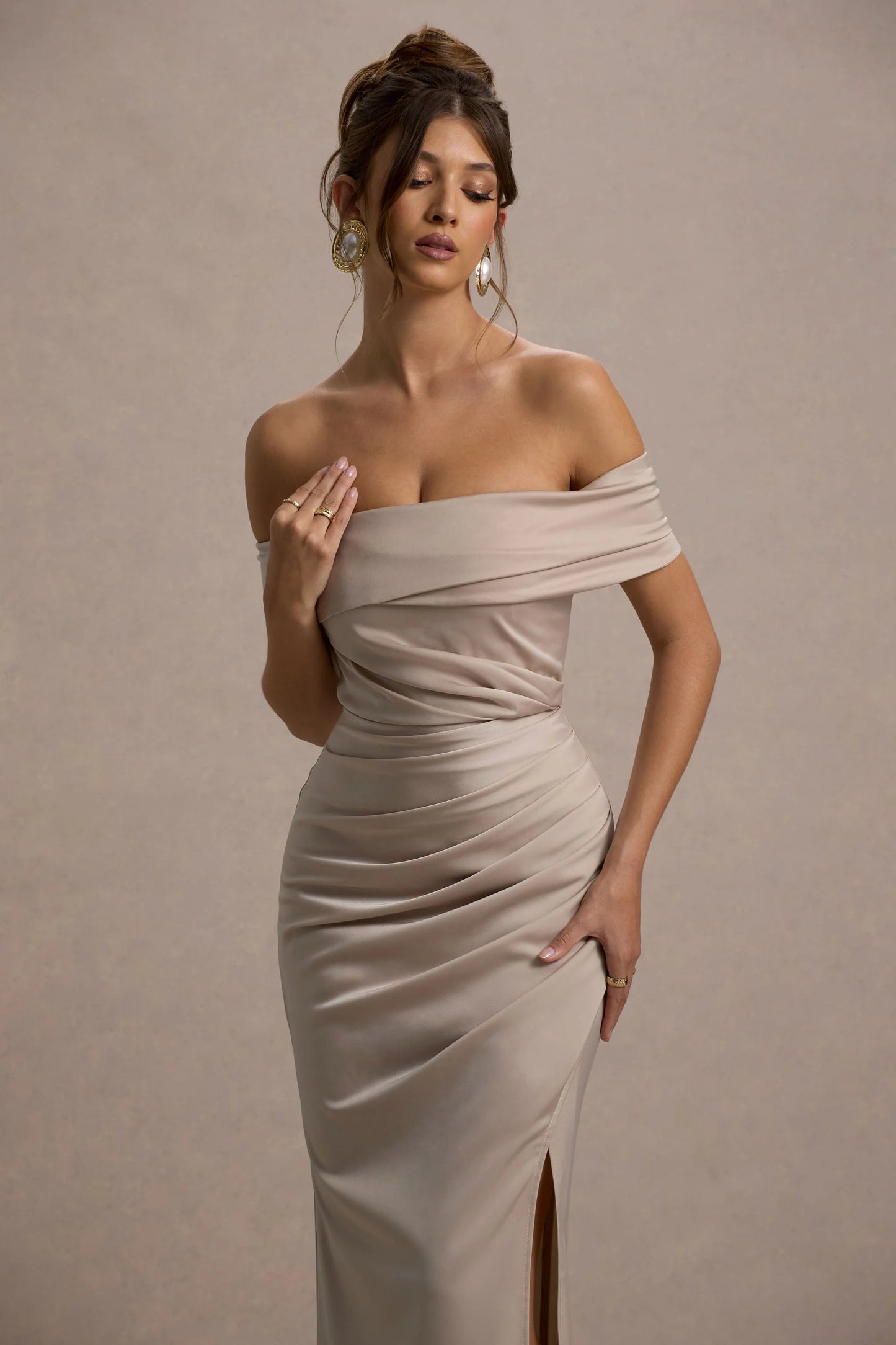 Martine Champagne Satin Bardot Wrap Maxi Dress