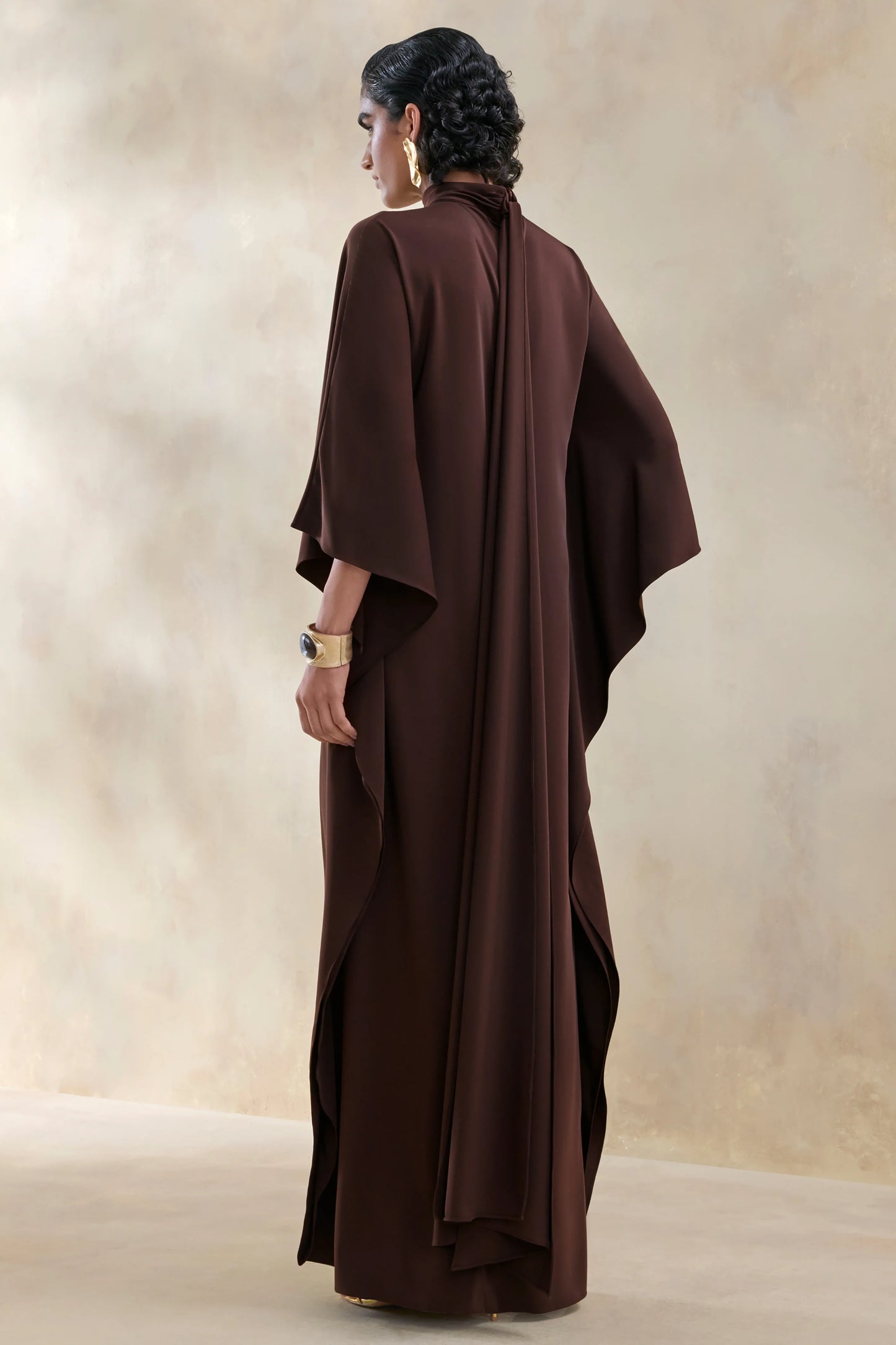 Lumisette Brown Satin High-Neck Maxi Dress With Cape