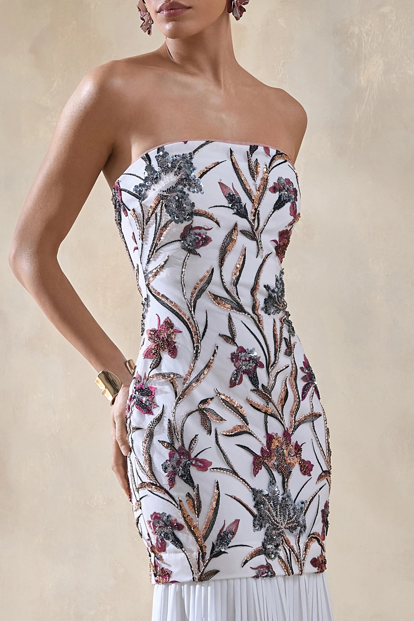 Denise Cream Sequin Floral Bandeau-Neck Embellished Maxi Dress With Drop-Waist And Mesh Skirt