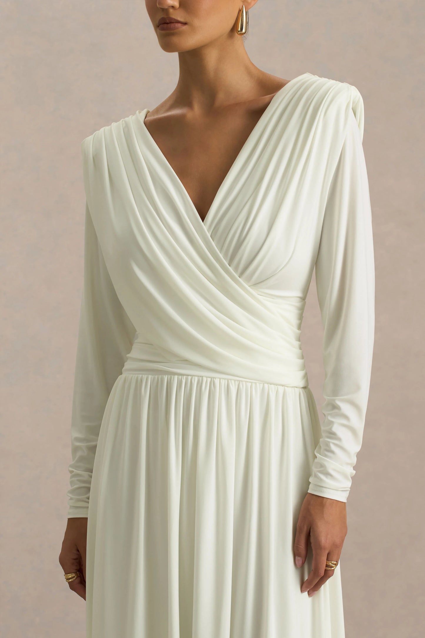 Alexis Cream Plunge-Neck Midi Dress With Draped And Ruched Detailing