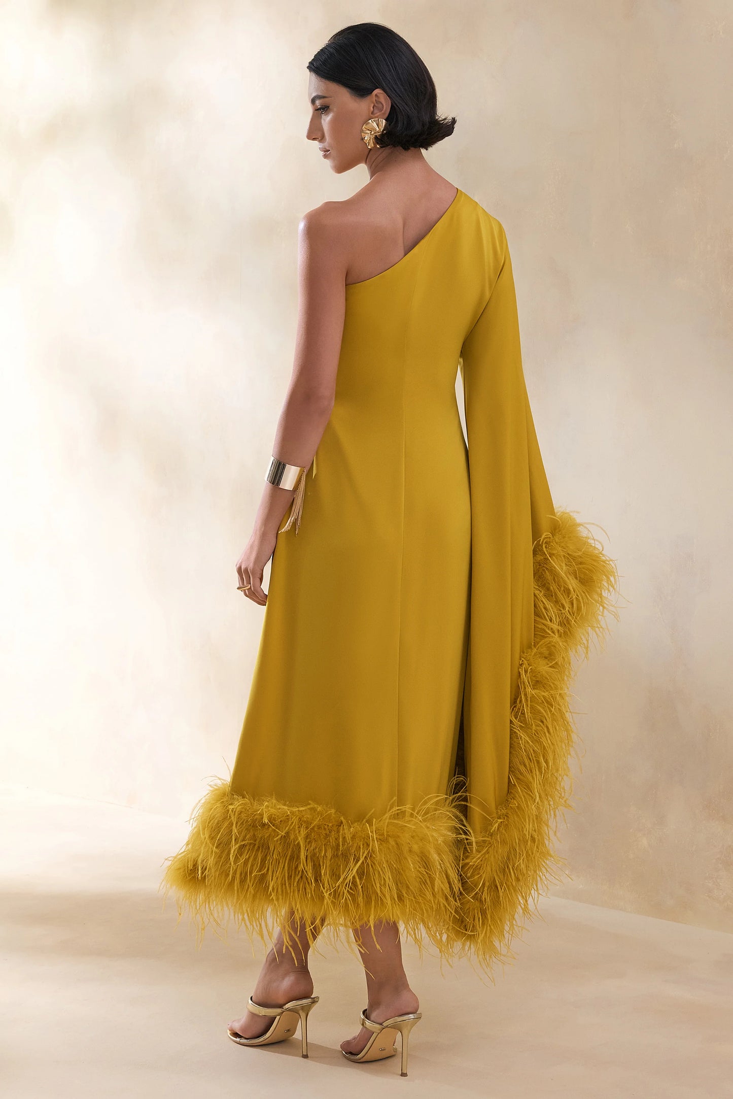 Destiny Yellow Satin Asymmetric-Neck Midi Dress With Feather Details