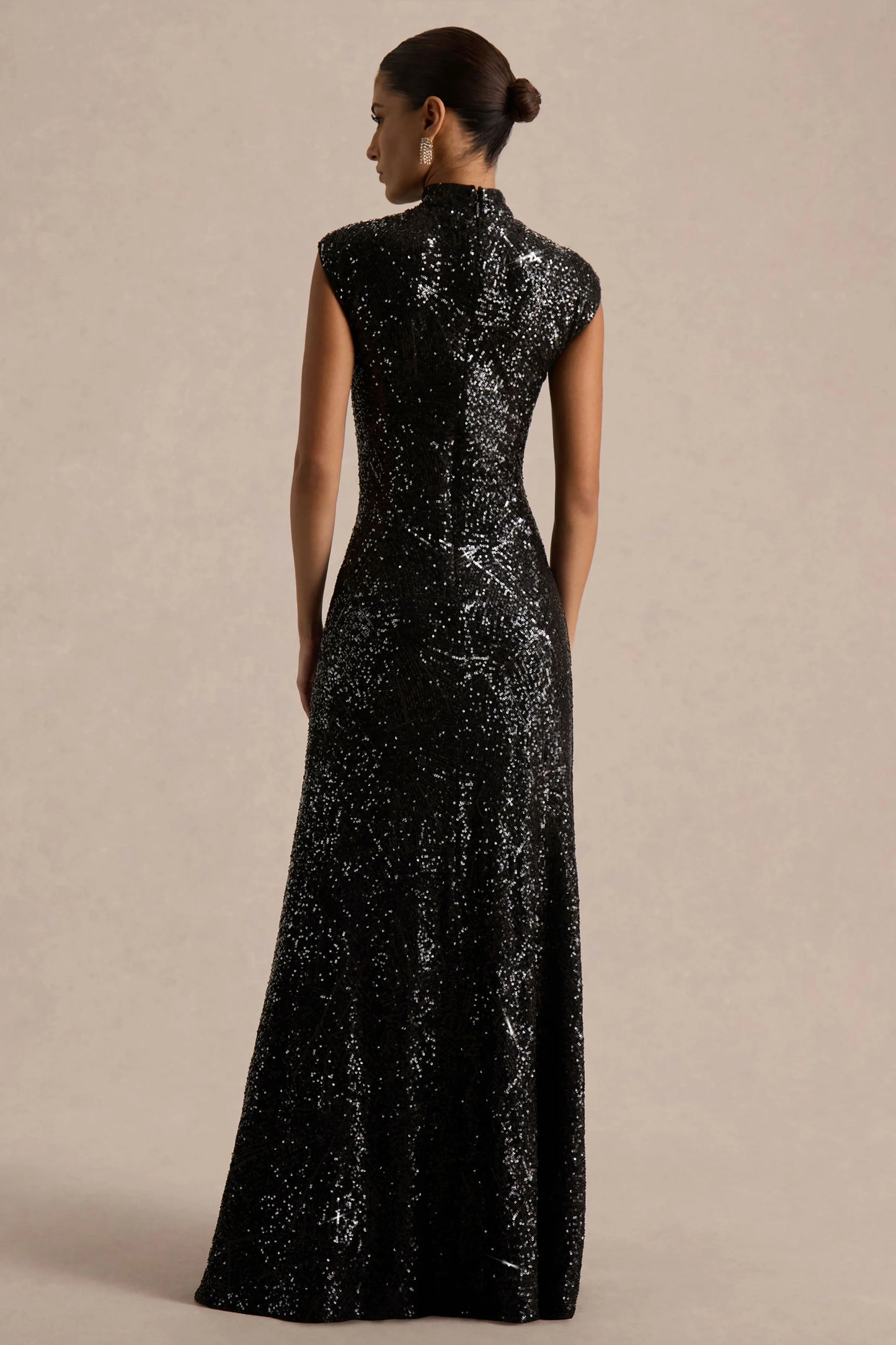 Cecy Black Sequin High-Neck Maxi Dress With Cap Sleeves