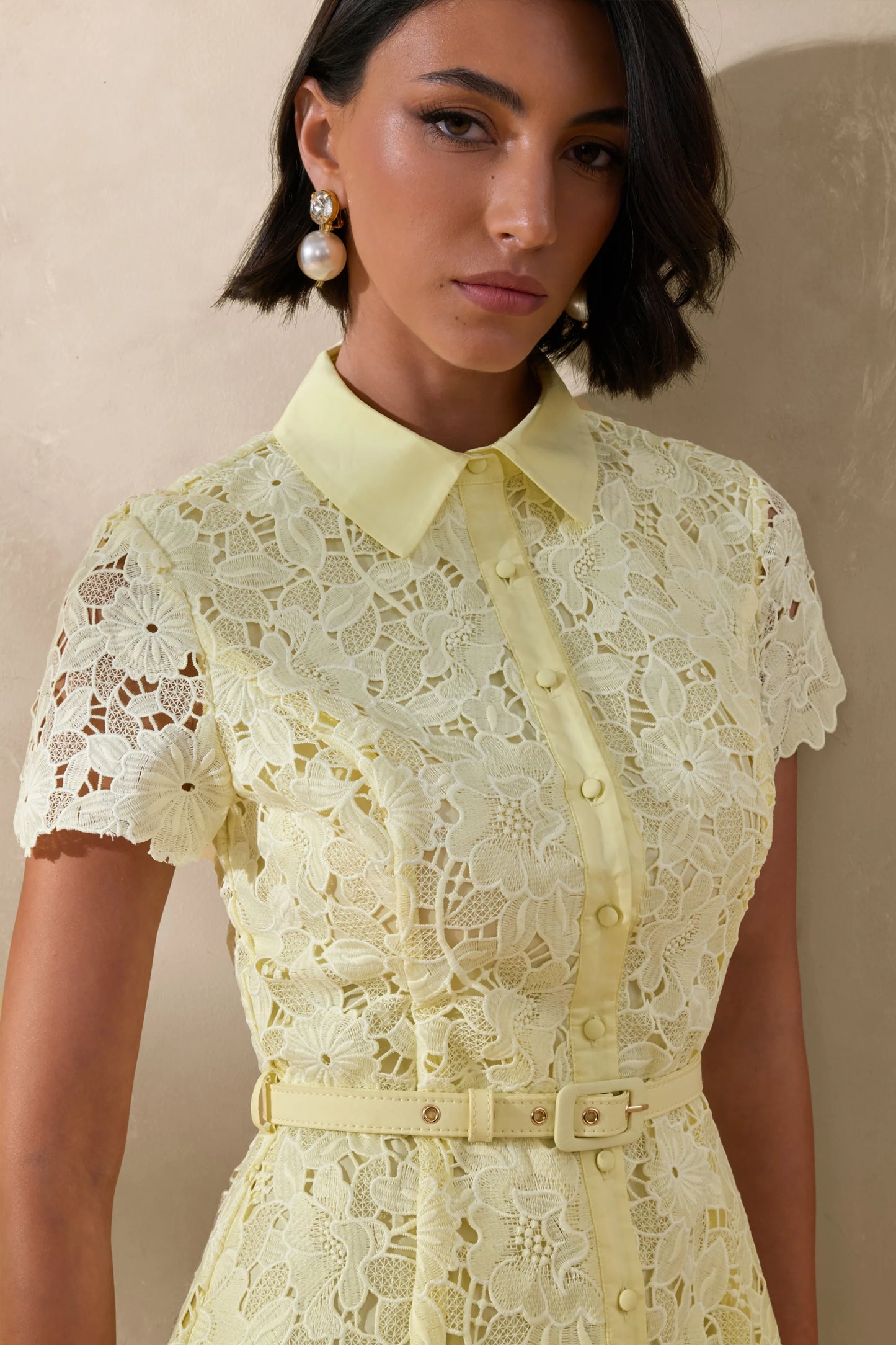 Zalie Yellow Lace High-Neck Belted Midi Dress