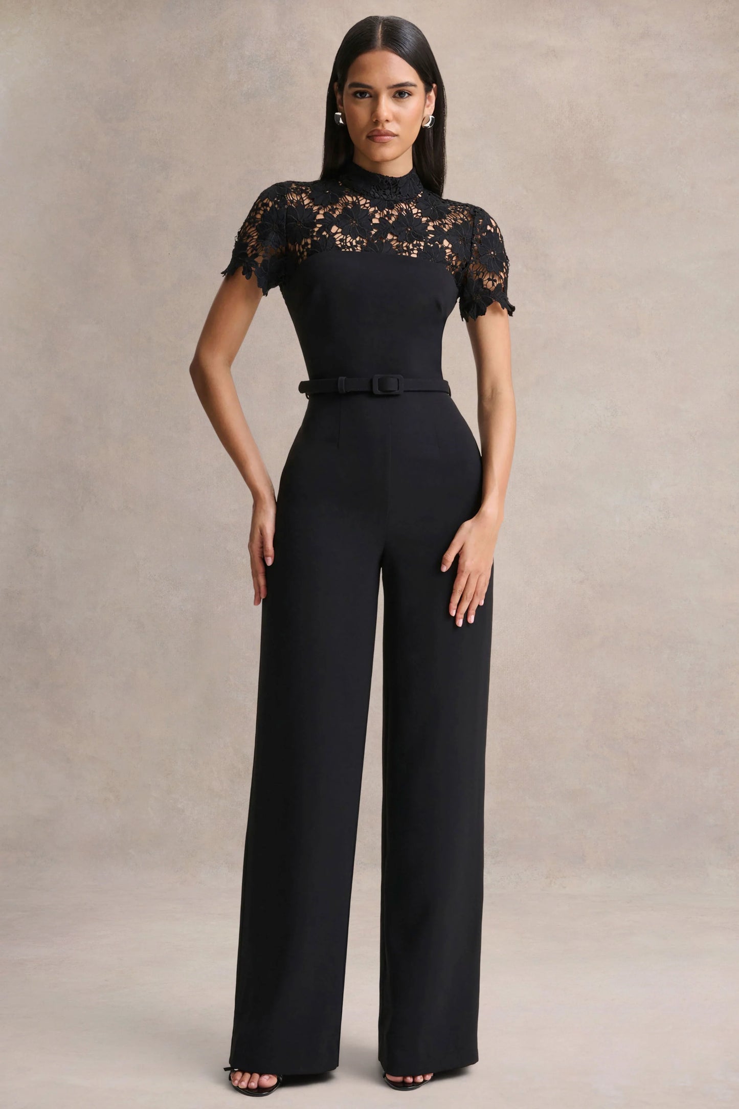 Orlina Black High-Neck Jumpsuit With Lace Detailing