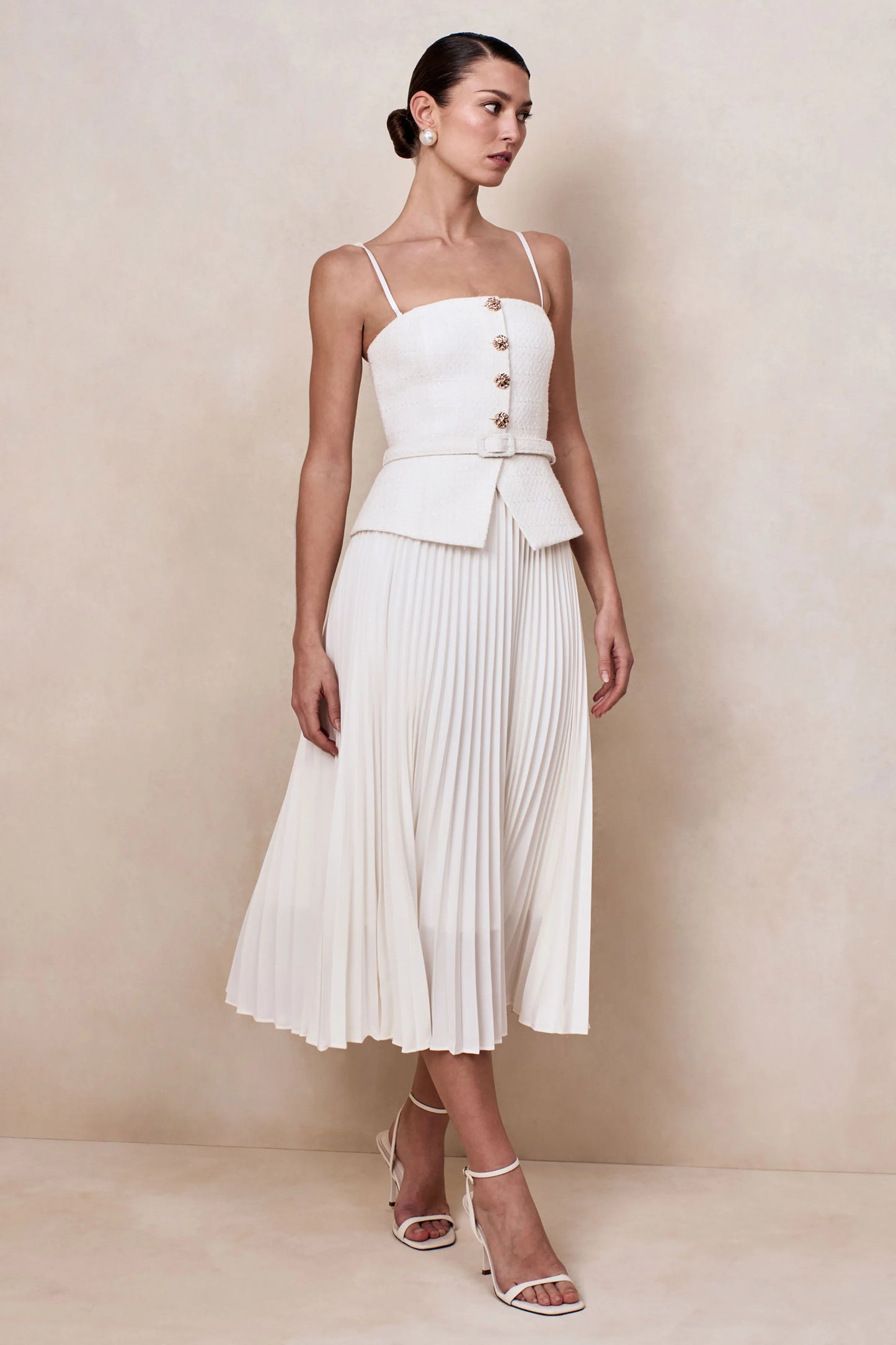 Lizzy Cream Square-Neck Midi Dress With Pleated-Skirt