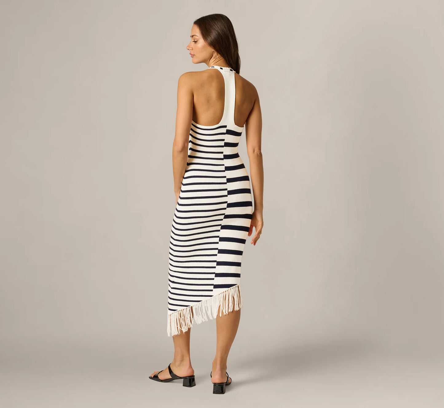 Striped Asymmetrical Fringe Halter Midi Dress In Ivory Navy