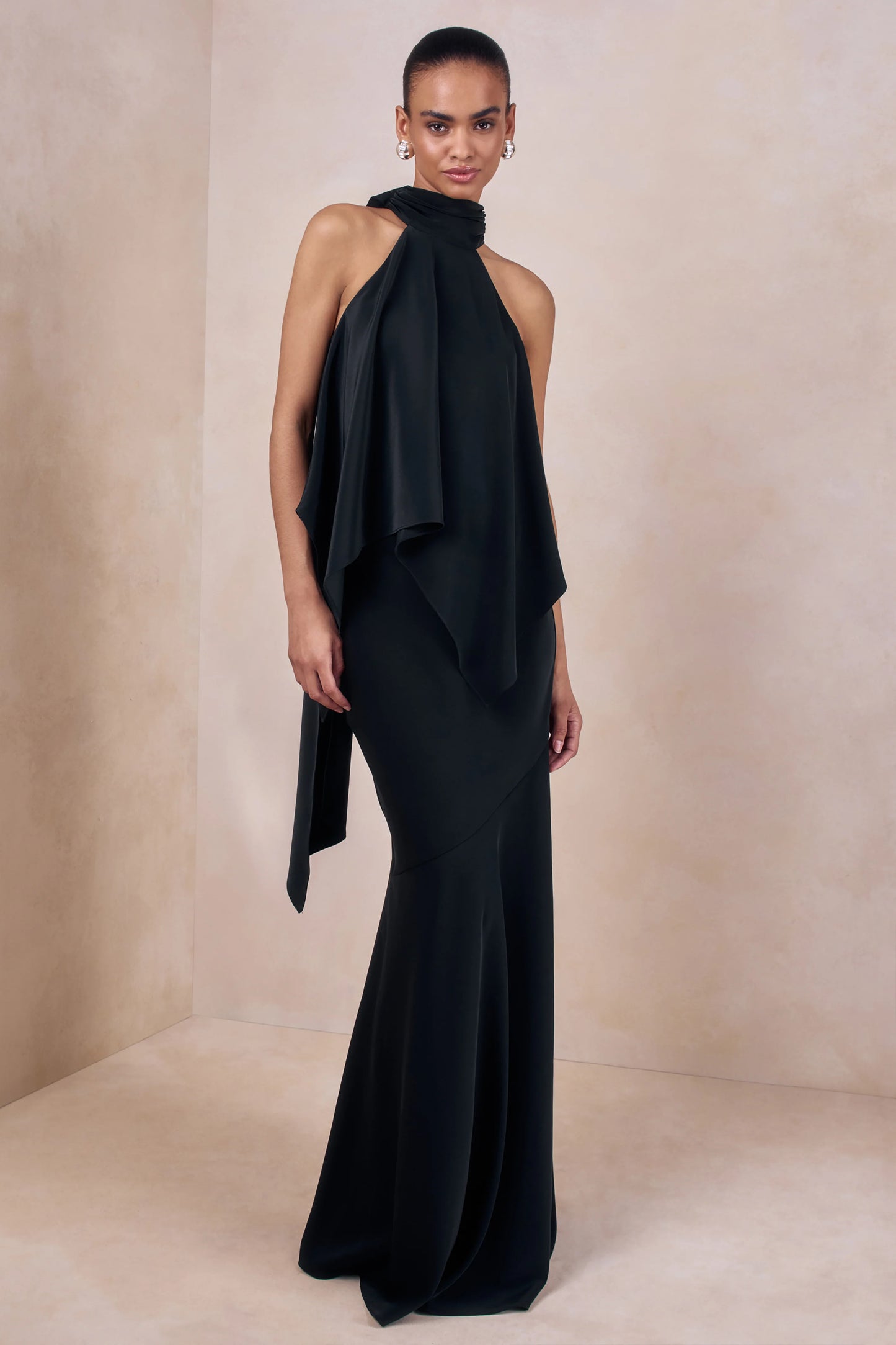 Vayla Black Matte Satin Asymmetric Drop-Waist Maxi Skirt