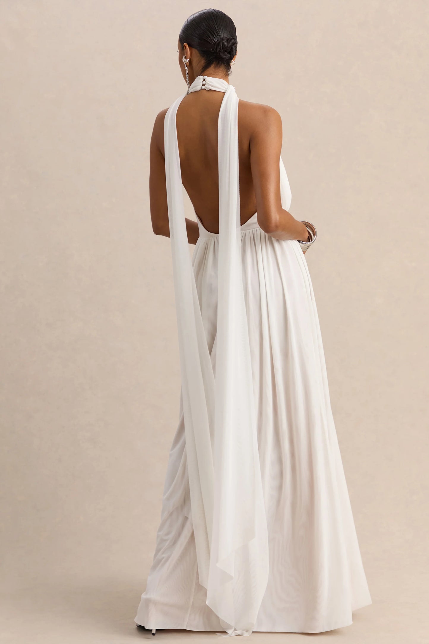 Rylina White Mesh Halter-Neck Maxi Dress With Scarf And Open-Back