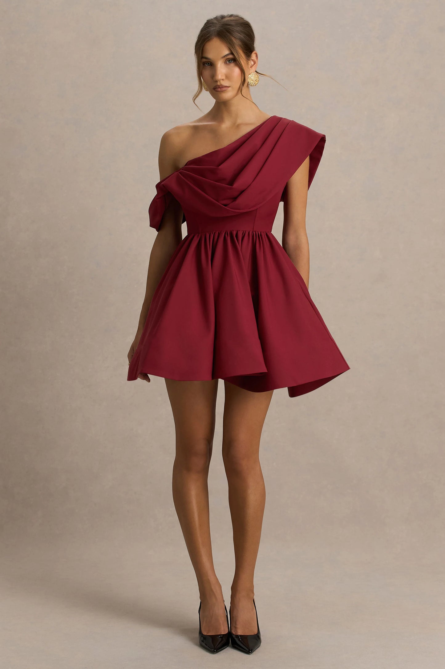 Verona Burgundy Draped Asymmetric-Neck Skater Mini Dress