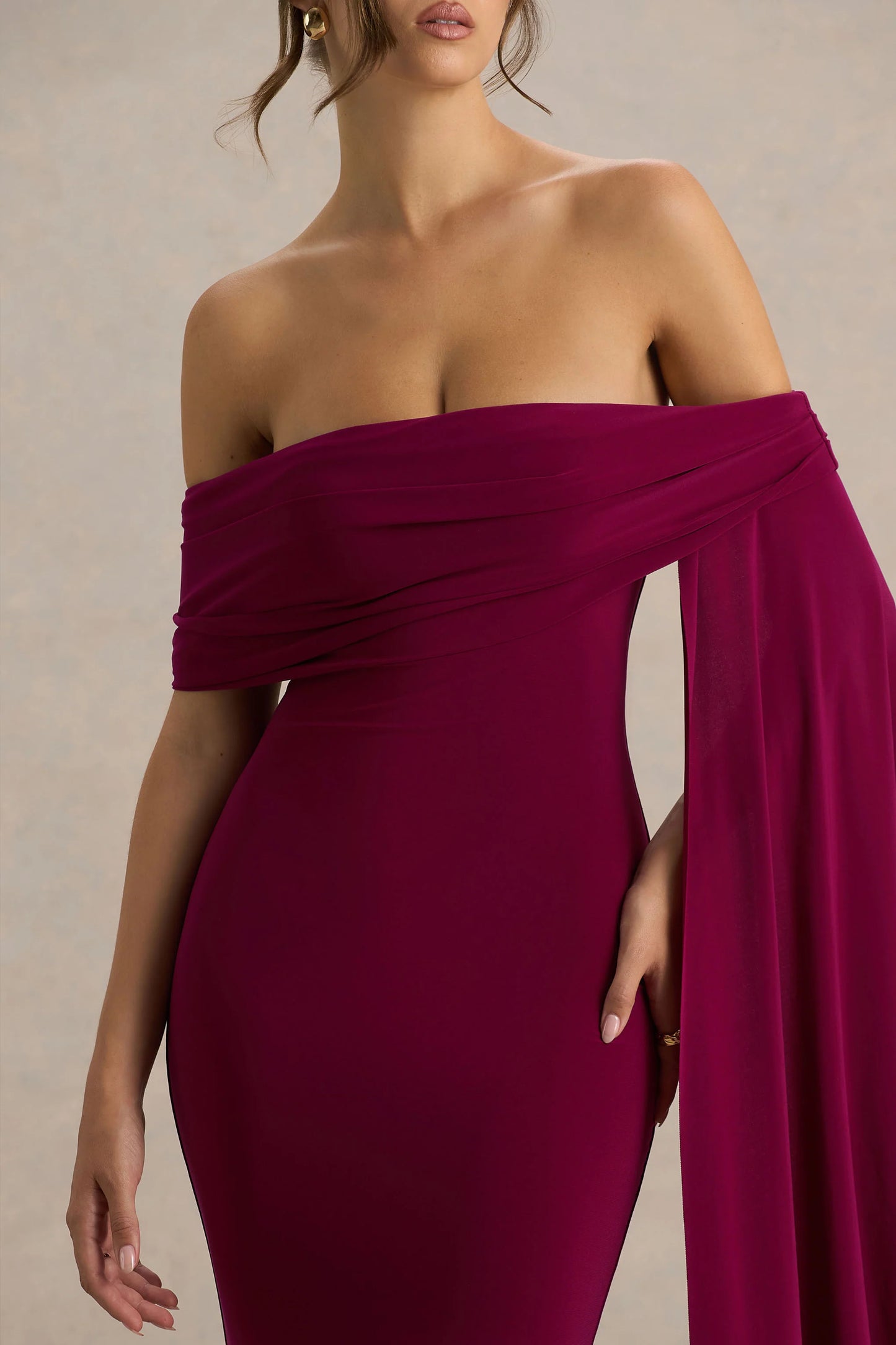 Saffina Burgundy Bardot-Neck Maxi Dress With Sash Detail