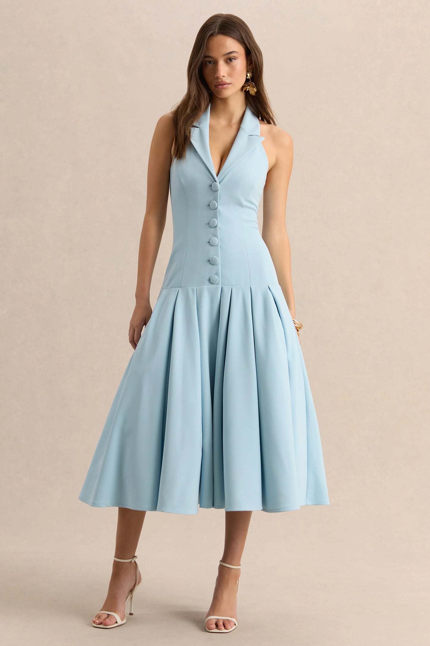 Elise Powder Blue Plunge-Neck Midi Dress With Drop-Waist