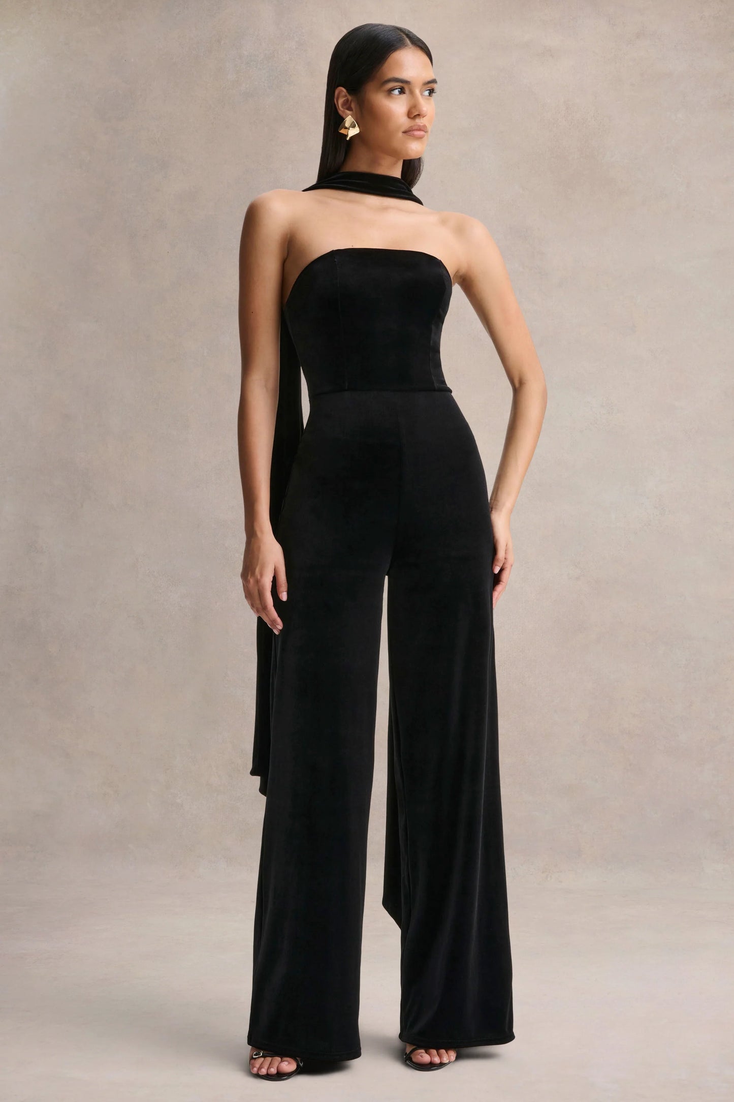 Arcane Black Velvet Bandeau Jumpsuit With Scarf