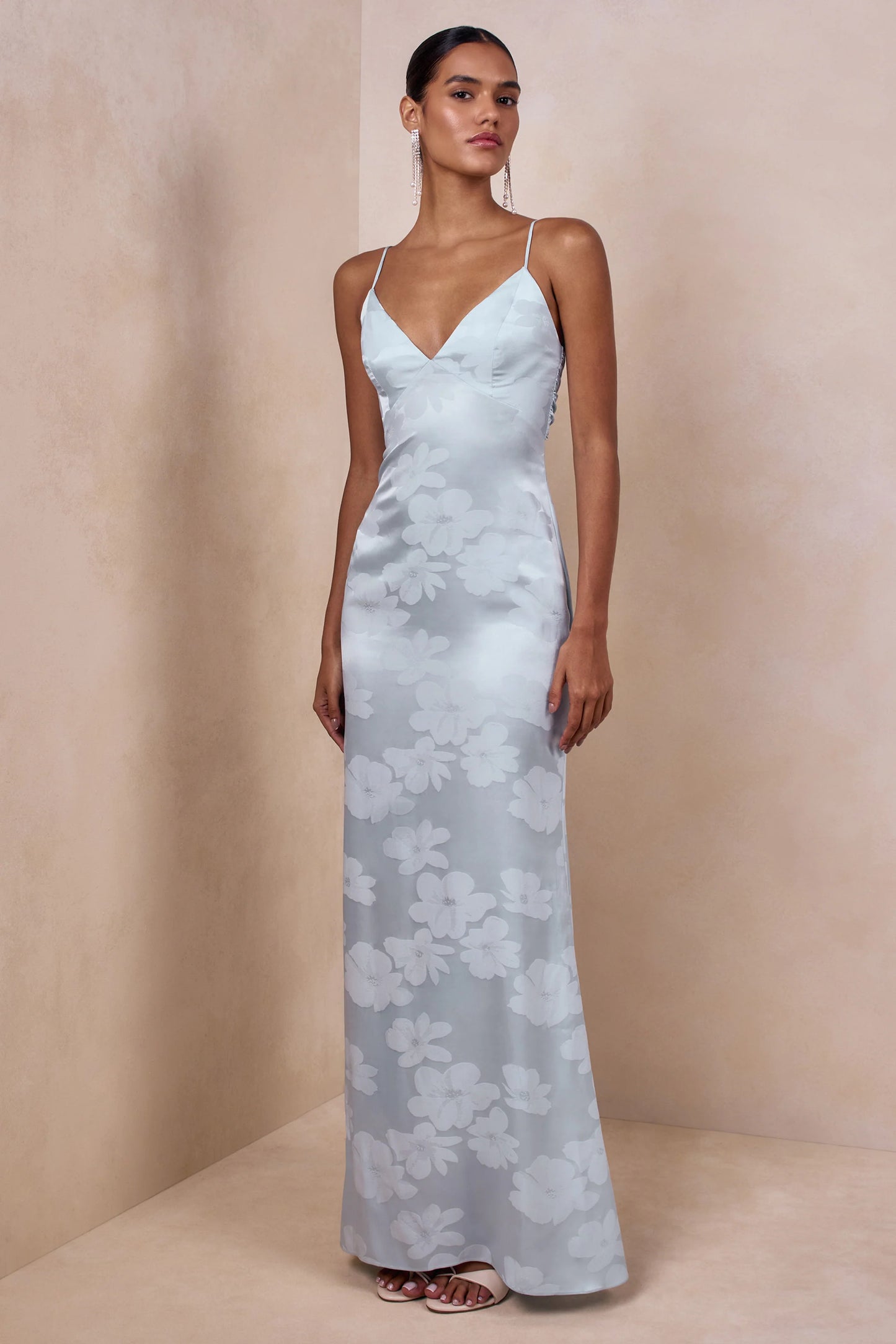 Carelle Powder Blue Satin Plunge-Neck Maxi Dress With Asymmetric Drop-Waist