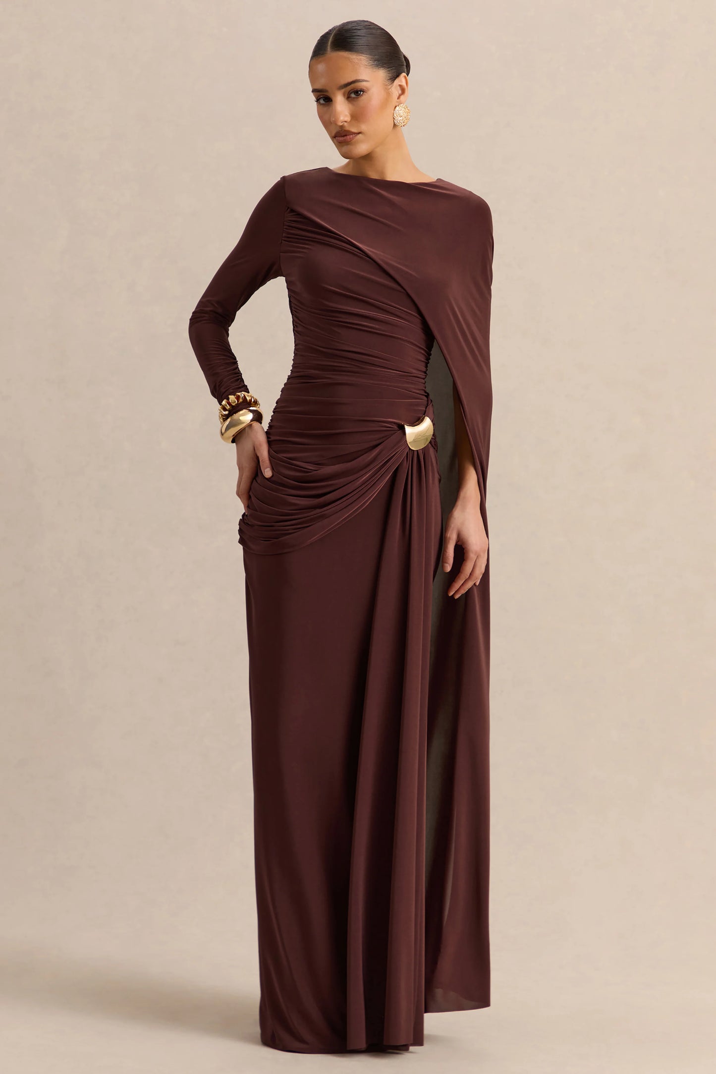 Orintha Brown Slashed-Neck Maxi Dress With Cape And Gold-Detail